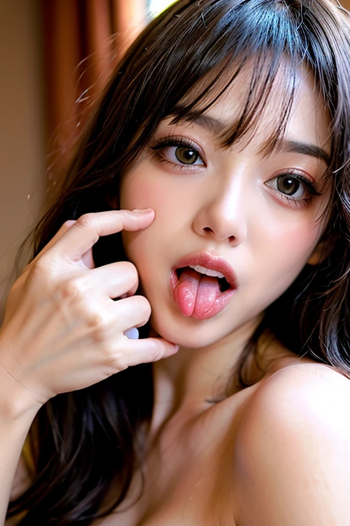 Beautiful girl in naughty pose with naughty face sitting on bed with legs open and inserting fist in her mouth、The body is glistening with sweat。Squirting masturbation、fist is inserted into the pubic area、SFW