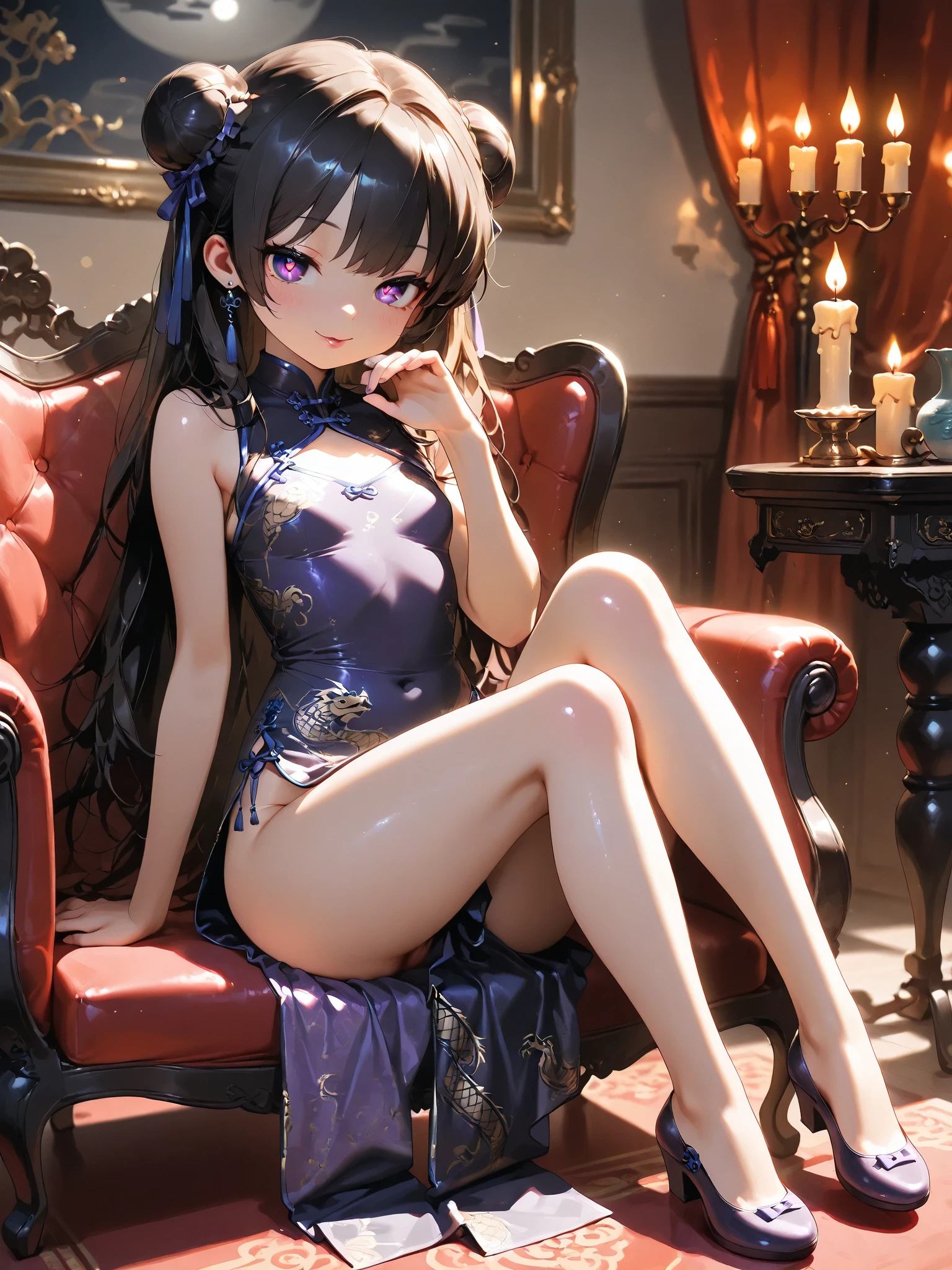 Realistic, Fascinating Asian Royal Sisters, Gorgeous tight mini cheongsam, (On the sofa, Spread your legs and lift your skirt、Showing off her sexy transparent panties), (Perfect Anatomy), 8K, Raw photo, Highest quality, masterpiece, (detailed characters), Detailed anime faces, Full body concept, Center of screen, Stiletto heels, Fine Jewelry, Chinese Tiara, hair ornaments, Earrings with presence, bracelet, anklet, Small items, Red eyes, High and long twin tails, Smokey Makeup, eye shadow, Heavy makeup, sexual temptation, Sexual suggestion, Captivating smile, Oriental style, The lamp lights up, Lens flare, Film Grain、Nipple show、Underboob、(cum in pussy:1.5)