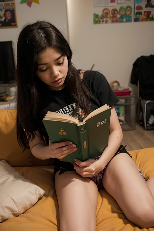 Woman sitting on brown coach, reading book, floral short dress, long dark hair,