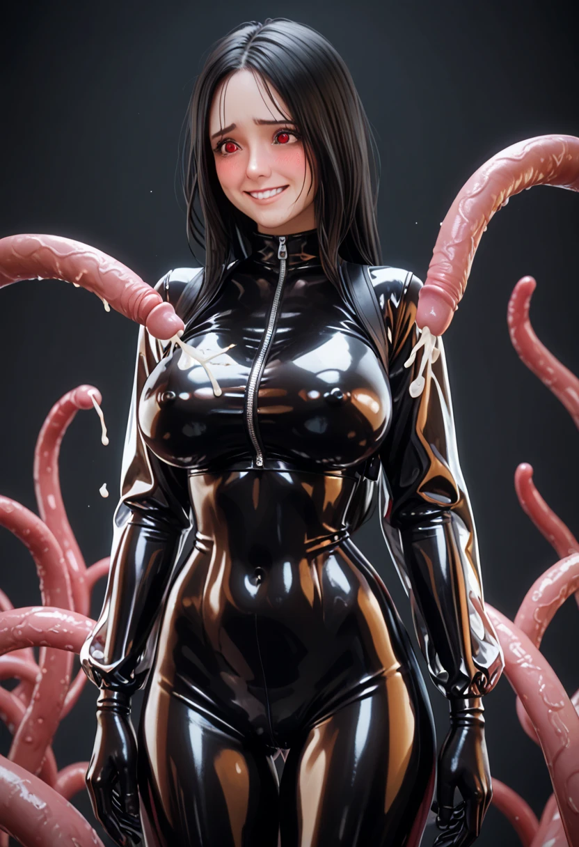 fantasy, masterpiece, ultra-detailed. Night in the dark swamp, beauty personified, voluptuous, curvy succubus named Hana Haruna, plump figure of a gravure idol, body measurement of 100-70-90 cm, braided hair, full and glossy lips, glowing eyes, clad in a black latex suit. soft and warm indirect light gently kissing her features, cinematic and captivating. embraced by thick slimy tentacles, holding tight, she is wrapped in tentacles, tentacles are penis shaped, some tentacles are exploring her breasts