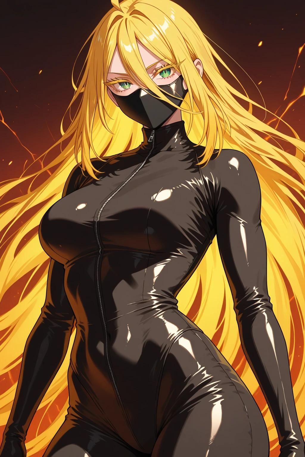 masterpiece, best quality, extremely detailed, 1girl, milf, solo, {siege_arknights:1.10}, huge breasts, (((animal_ears, lion_ears, (blonde_hair), long_hair, yellow_eyes, slit pupils))), parted lips, (((latex bodysuit))),  fangs, (destroyed buildings) , no cleavage , (cat pose:1.2)