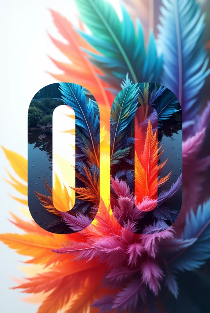 Please lettering the number 00、Ultra Fine、double exposure image、multy colored feathers、Overlay、