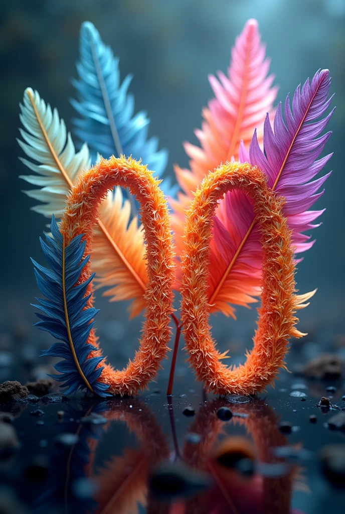 Please lettering the number 00、Ultra Fine、double exposure image、multy colored feathers、Overlay、