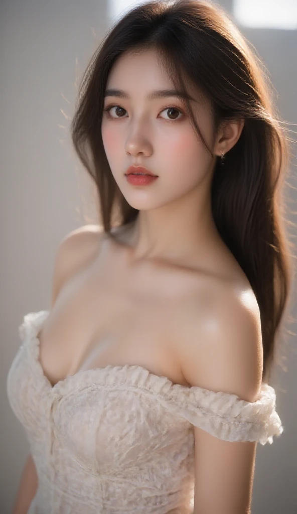 best quality, ultra high res, (photorealistic:1.4), 20 years old girl, (ulzzang-6500:0.8), (forehead), upper body, nude, naked Maid costume