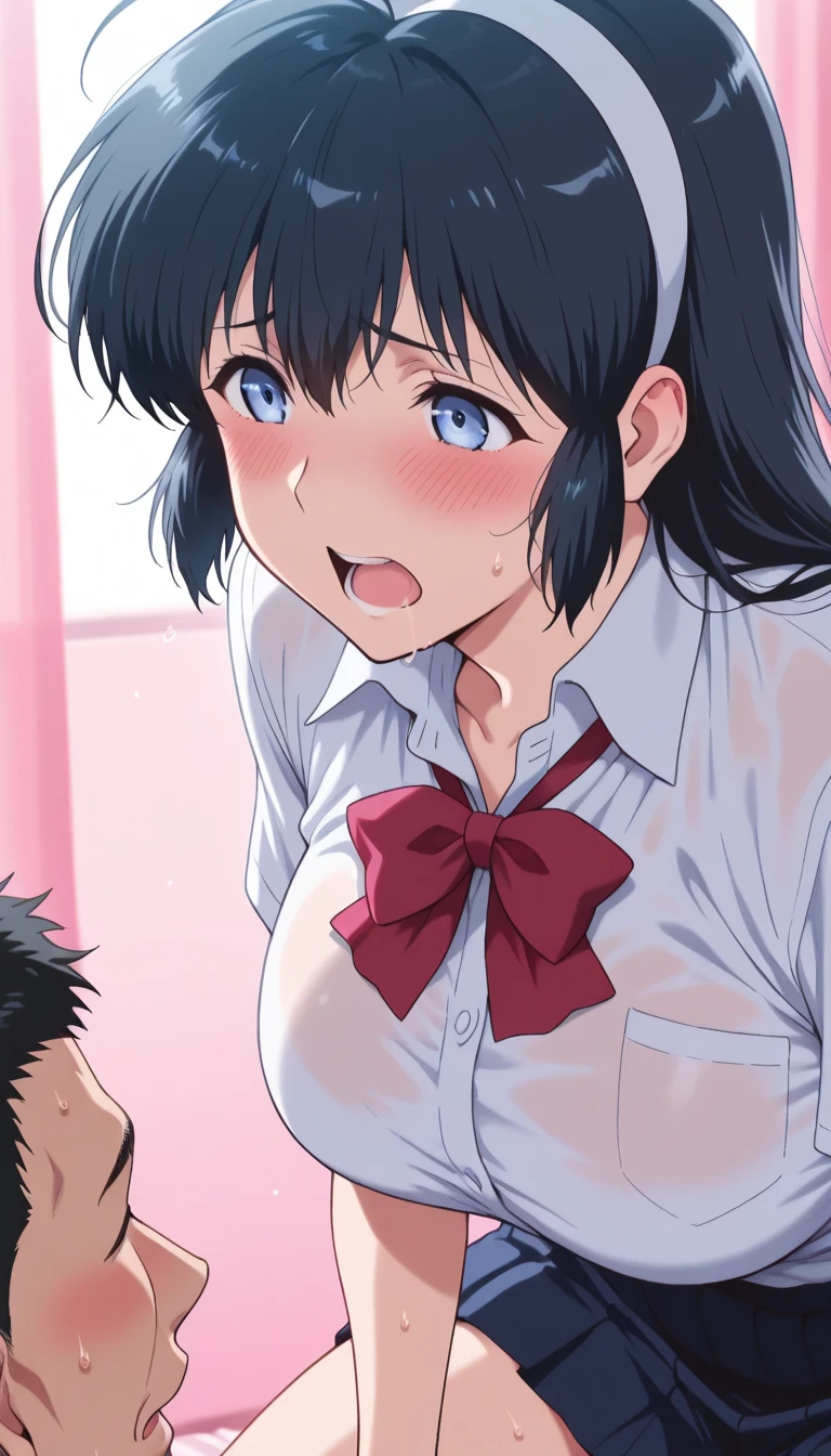 (greatest masterpiece, ultimate quality, ultra-detailed, movie lighting), detailed and beautiful face, very finely drawn eyes, 1girl penis hetero 1boy fellatio oral solo focus pov, balls_deep, deepthroat, Ruka Sarashina,ahegao,