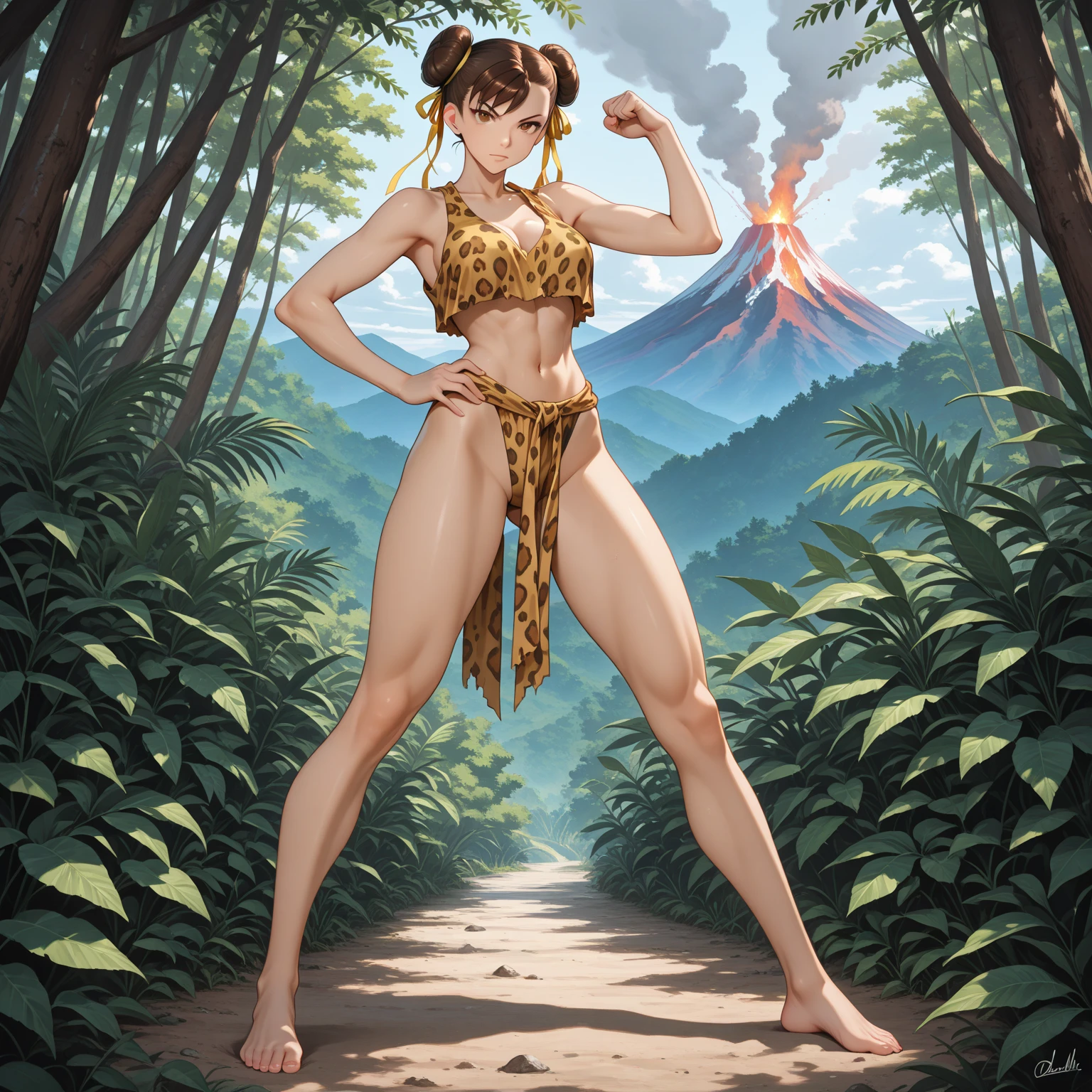 masterpiece, best quality, ultra detailed, 1girl, solo, flat color, cel shading, solid outline, ultra detailed face, (spread arms:1.4), floating in the lake, dappled sunlight, light brown medium hair, eyes closed, (medium breasts:1.5), under breasts, wearing green bikini with gold embroidery,