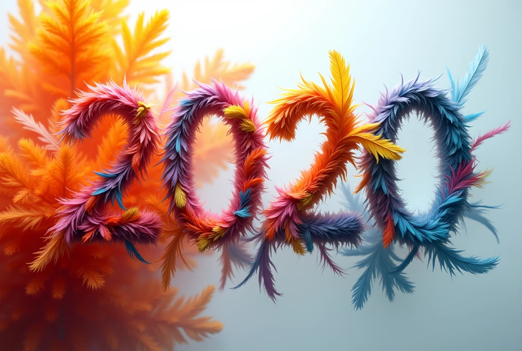 Please lettering the number 2000、Ultra Fine、double exposure image、multy colored feathers、Overlay、