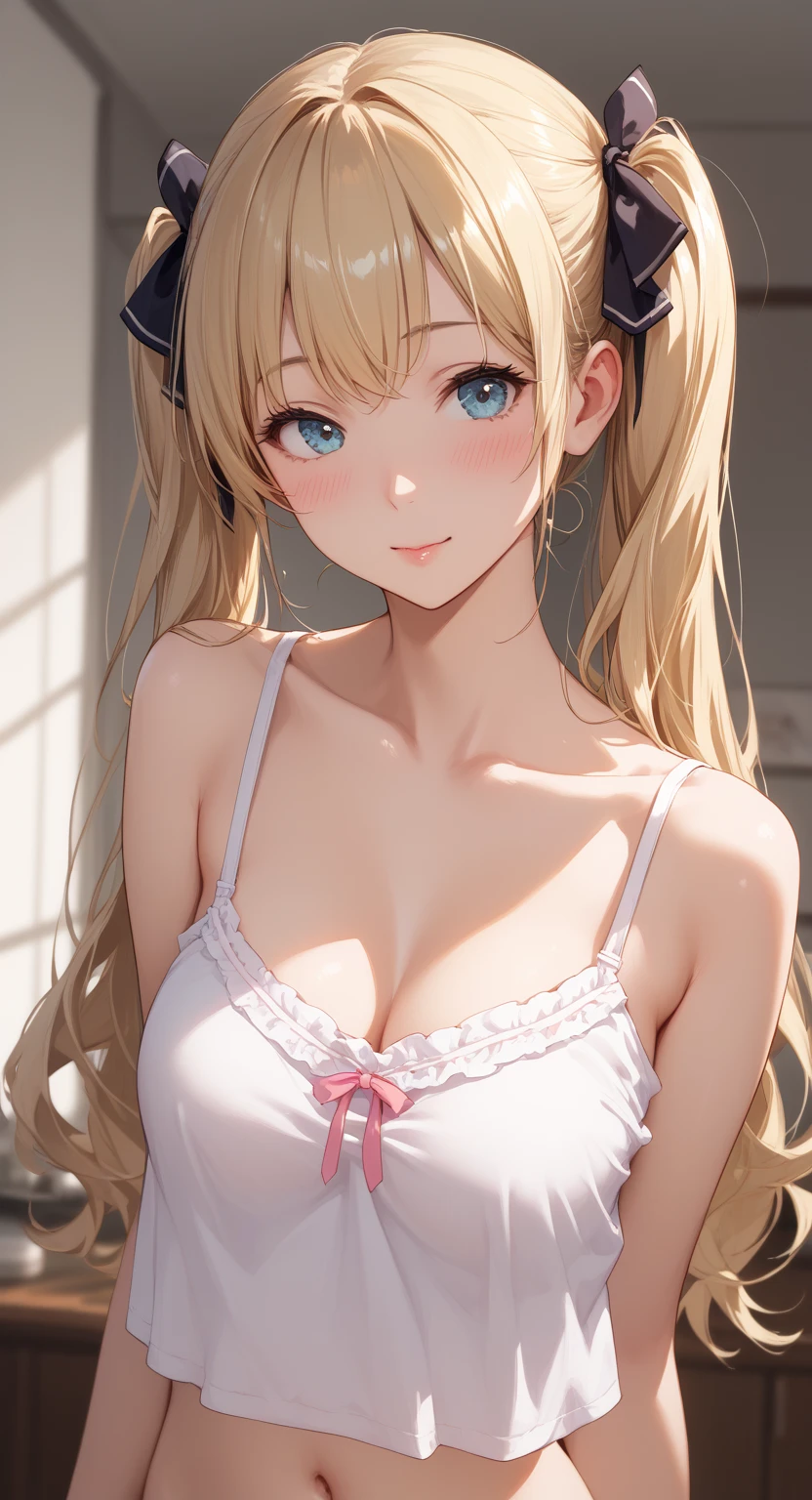 barbara_genshin, blonde_hair, blue_eyes, twintails, bangs, long_hair, drill_hair, twin_drills, hat, blush, white_headwear, hair_ornament, naughty pose, 女の子1人, (lace lingerie), bare chest, small breasts, perky tits, a picture、realisticlying、top-quality、adopt、A detailed face、mare、细致背景、diffuse sunlight、depth of fields、Bokeh、embarassed expression, smile, closed mouth, portrait, nip slip