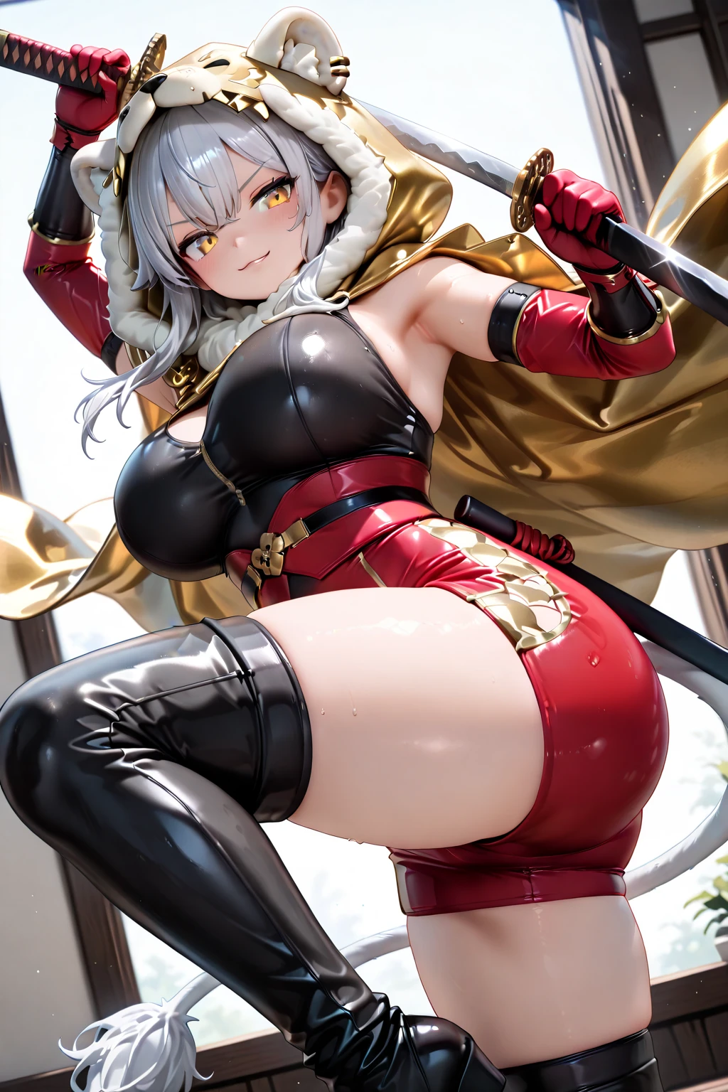 figure of, purah, white hair ,aura red glasses, hair ornament, red eyes, earrings ,lipstick, eye shadow , dark purple bikini, Mage (bikini warriors) ,black thigh-high boots, black elbow gloves,