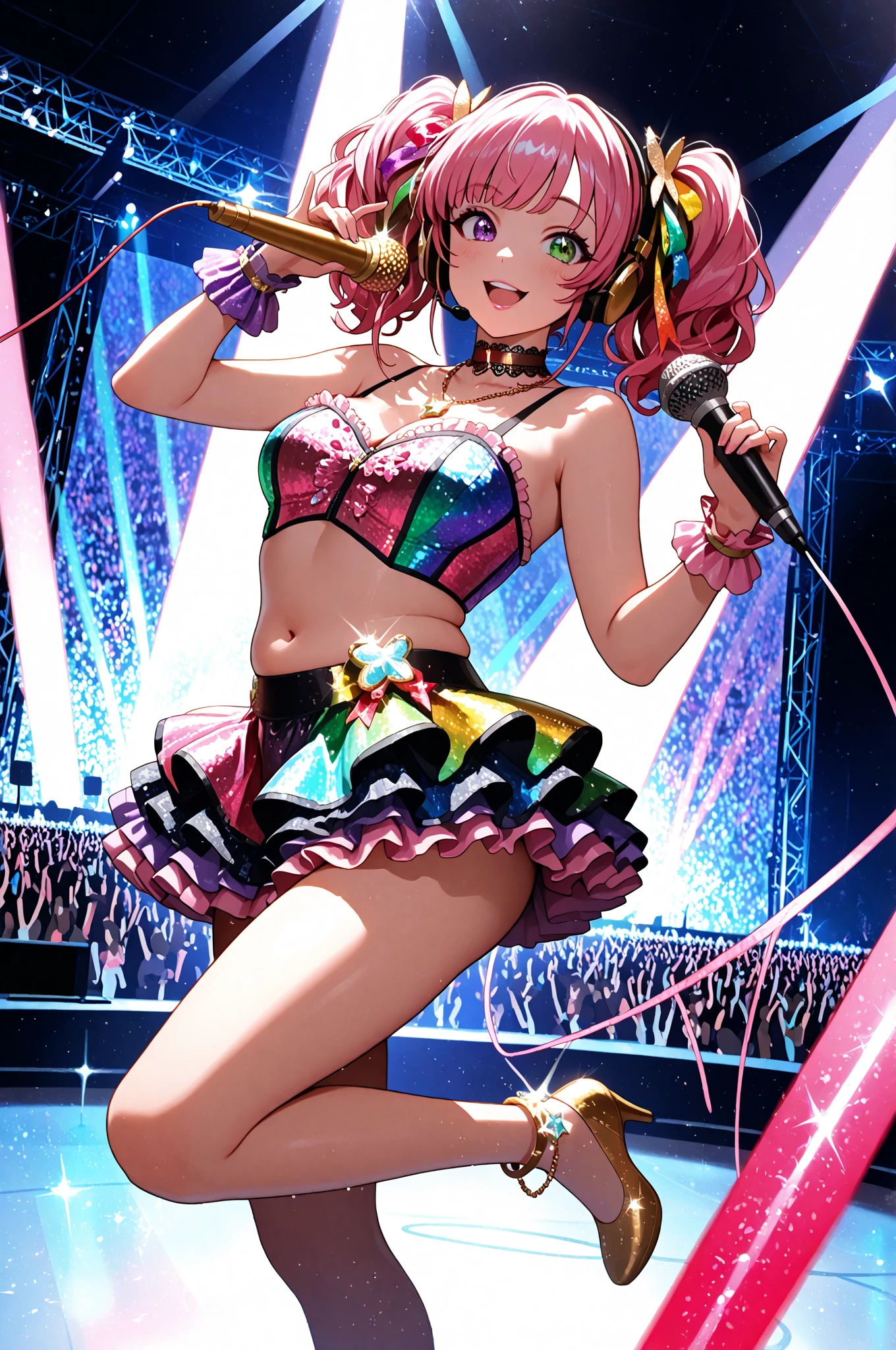 (masterpiece, best quality:1.2), 1girl, solo, happy, (intricate and cute (flowing) dancer outfit:1.3), cutesy, flipped hair, beautiful lighting, perfect detail, clear eyes, (dancing on stage), (cinematic pov), crowd background, [[visible panties]], [[visible leotard]], [cleavage], intricate fabrics, shades, summer soldier, (inside thunder dome:1.1), (round full butt and thighs), recon, colorful, (by killian eng, by Joaqun Sorolla, by Yoshikazu Yasuhiko:1.2), stage lights, light rays, neon glowsticks, laser show, glitter, shine, sparkle, [disco], (by Alphonse Mucha:0.9), by Ilya Kuvshinov, by Kentaro Miura, (by Yoji Shinkawa:0.9), (retro:1.2), (by ShMji Kawamori)