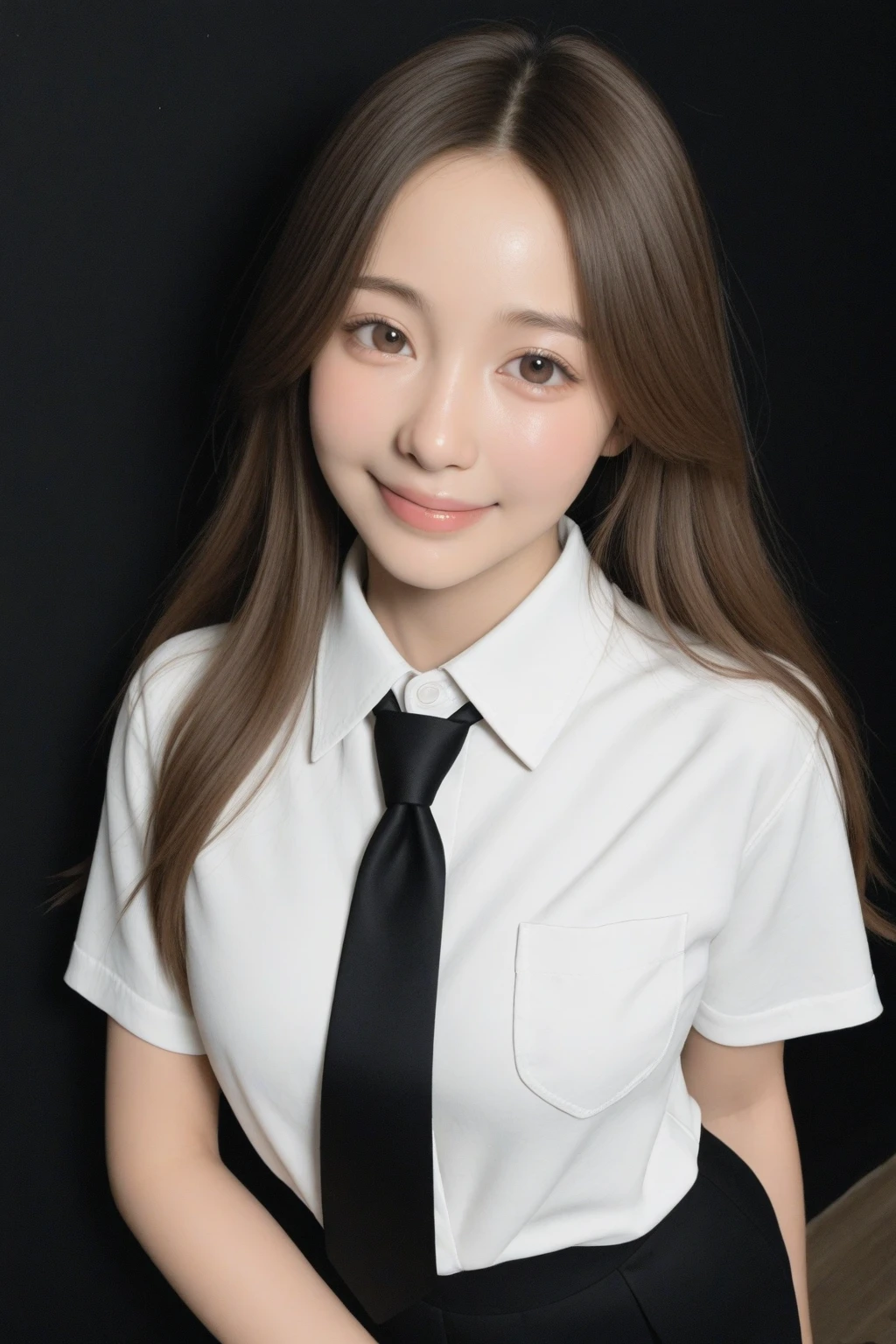 ((highest quality、Masterpiece、High resolution))、(((Zoom photo of upper body))、(A shy smile:1.2)、One 15-year-old female、Beautiful Skin、Beautiful Eyes、Large Breasts、shirt、tie、Black Hair、Trimmed bangs、Wavy Hair