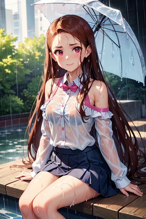masutepiece, High resolution, 8K, anime woman, Delicate and detailed writing 、Detailed digital illustration、Very long hair and shiny、Bangs、a very beautiful woman、Eyes are double, Large, Bust is D cup、High image quality, High quality、Detailed background、Wearing a student uniform、early evening、rain is falling、Rain-soaked hair、Uniform wet in the rain、The inside of the eye shines like a diamond、4 fingers, 1 thumb、Detailed female face、I'm embarrassed、Very beautiful and cute woman、、细致背景、​masterpiece、Soft Focus , Bright gradient watercolor , Lens Flare , Glitter , Glow , Dreamy , light brown hair、Wet in the rain, Clothes that cling to the body and pale pink underwear can be seen through、Heavy rain background、Beautiful water background