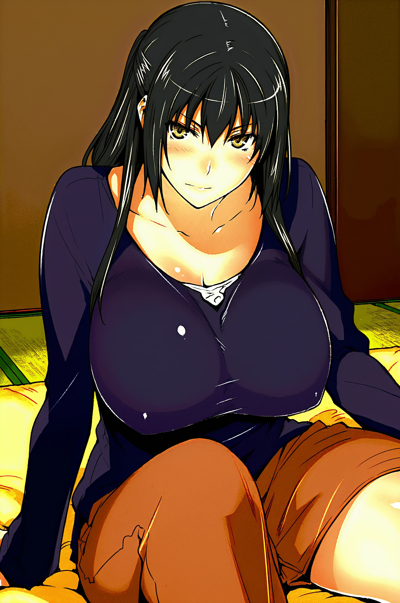 erotic girl, depth of field, cinematic lighting, realism, full body, dark skin, brunette skin tone, yellow eyes, 1girl, Yoruichi_Bleach, yellow eyes, ((Yoruichi Shihouin)), in her room, wearing orenge pajamas, cleavage, deep cleavage, perfect eyes, masterpiece, best quality, 4K, HDR, cinematic lighting, Yoruichi_Bleach, photorealistic,