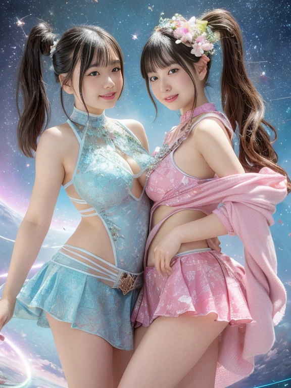 (top-quality)、 (​masterpiece)、(Professional lighting with fewer shadows)、 (A hyper-realistic)、 (perfect anatomia)、 (In front of the camera、There are two women、Forward and backward、Crying Kuroko、That and bangs and forehead), ( Huge breasts), (Bright and even whitening skin without wrinkles and steps), (Beautiful blue eyes with long eyelashes and red tear bags)、 (Her costume is naked, however, Only sailor collars are worn as small pieces of cloth:1.4), (Two people are surrounded by flowers, Proudly sticking out your chest in front of the camera:1.2), (Another person on the other side、with arcuate waist, Turn your back and expose your proud big ass:1.3), (One hand behind the head, A beautiful face is a beautiful smile with lowered eyebrows),