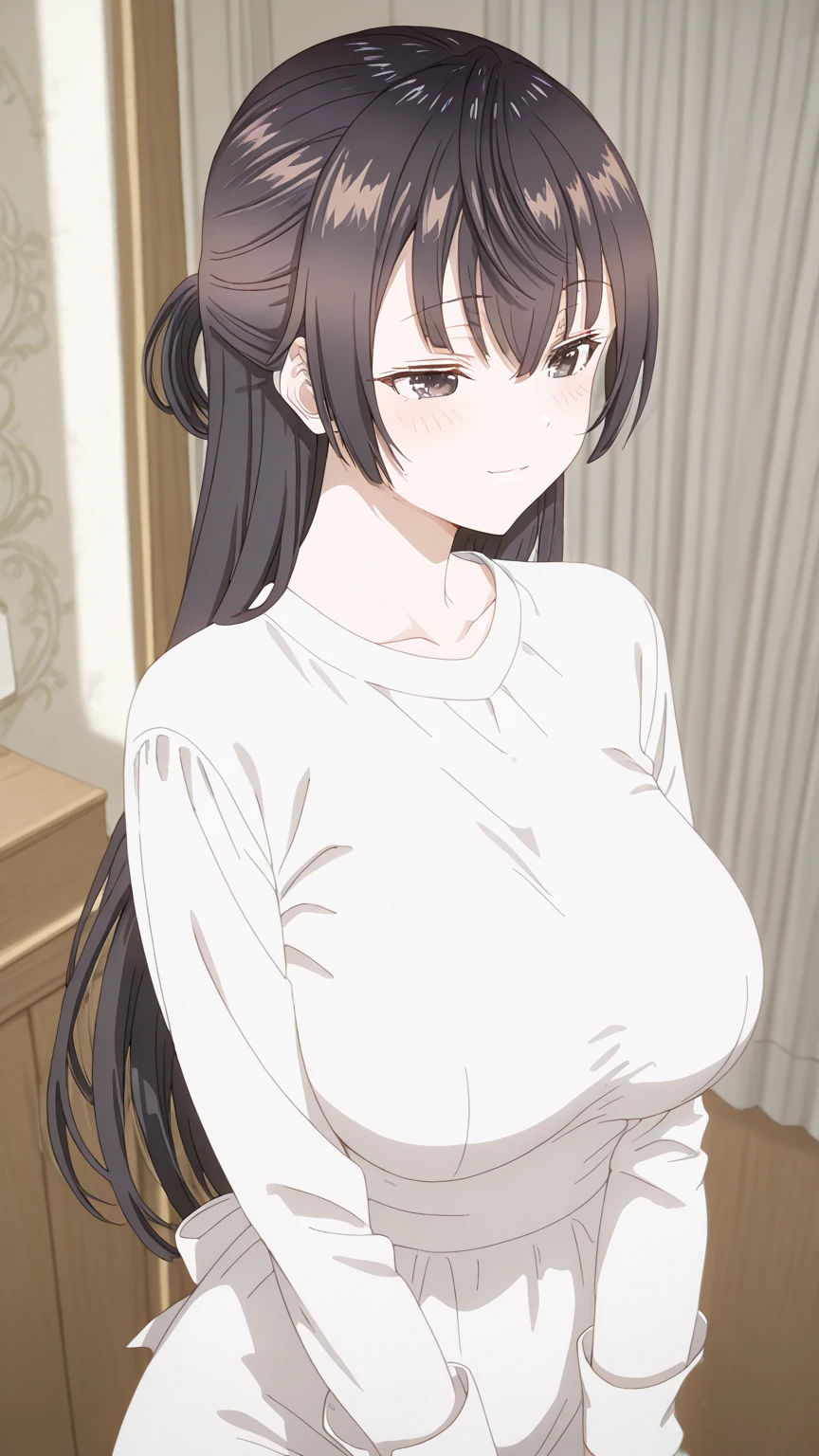 realistic skin,perfect ,black hair, long hair, (hair over one eye:1.4), messy hair, hair between eyes, chubby,plump,fat, Sexy lips, pucker lips,cute shy blush on, mature women with 4 daughters