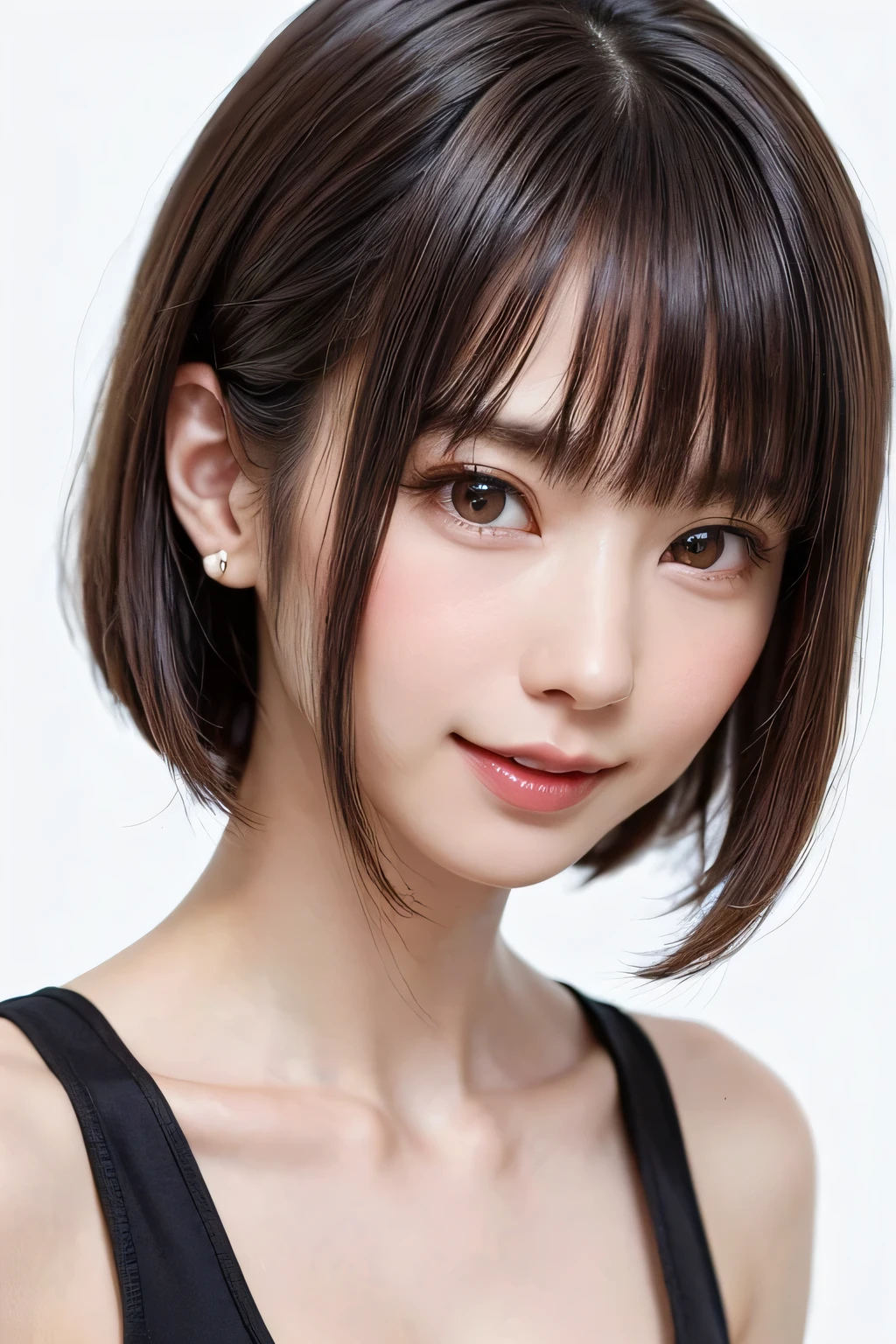 (software:1.8、masterpiece, highest quality),1 girl, alone, have, Realistic, Realistic, Looking at the audience, Light brown eyes, Brunette long hair with highly detailed shiny hair, long hair:1.8、Beautiful symmetrical face、Spring Clothes:1.6, Whity, lips, bangs, Outdoor, Mouth closed, Upper Body、Big eyes、eyelash、((Very simple light orange background:1.8))、(((bangsのあるshort hair、Big eyes、big and full 胸、Looking at the audience、Beautiful beauty、Show me your ears、Long neck、smile、please close your mouth and smile)))、Ideal body type、((({Huge|big|Huge|Mega} Chest 2, Cleavage:2、Happy smile、Beautiful Teeth、)))