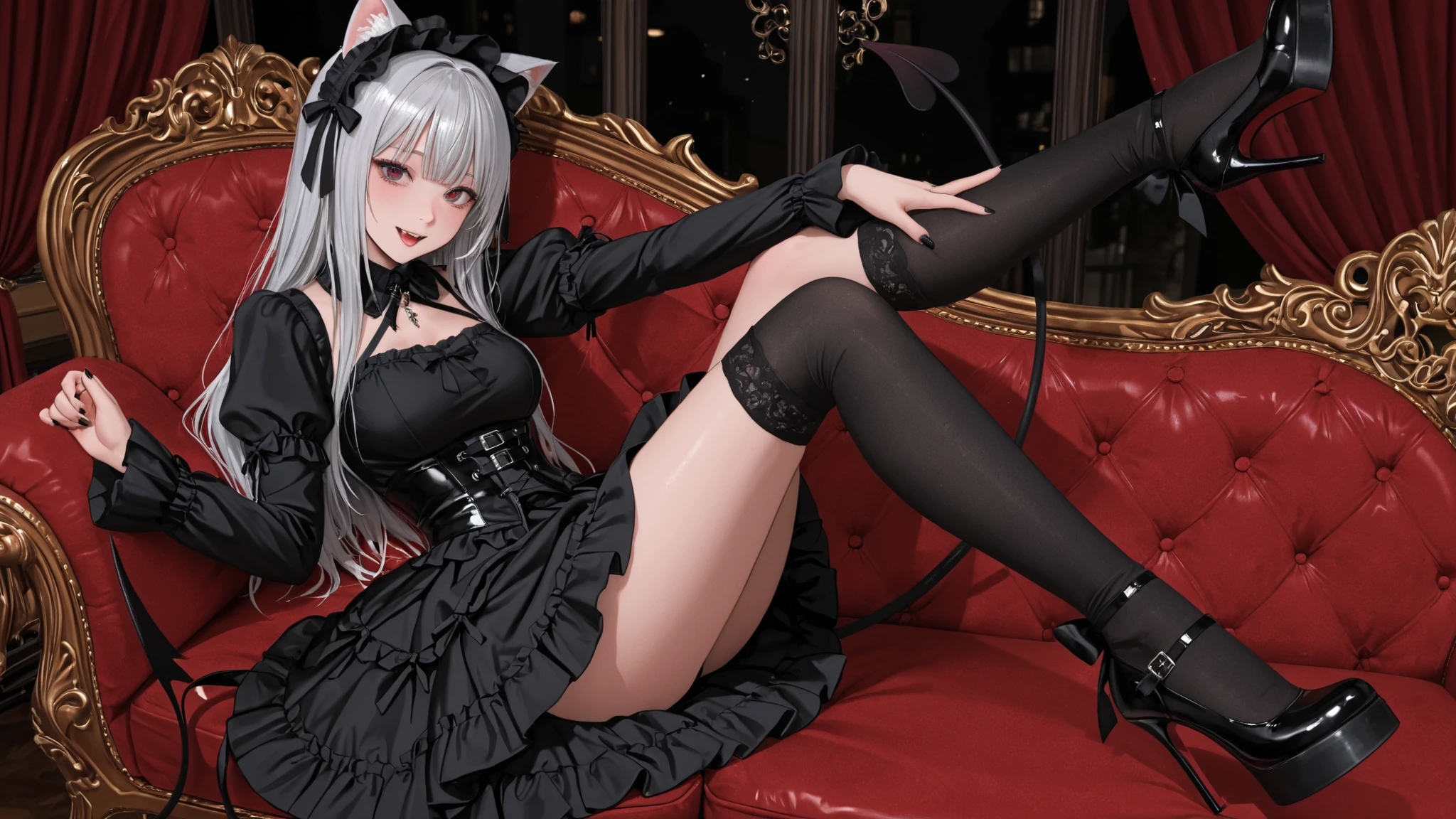 (Girl lying on fur bed),Portrait Photography, Realistic, High resolution, 1 female, alone,full body shot, Beautiful Eyes, Close your lips, Detailed face, Gray Hair, Long Hair, Collared shirt, Black tie,Black Skirt, Pencil Skirt, Fur coat, stockings,(Black lace panties are visible)