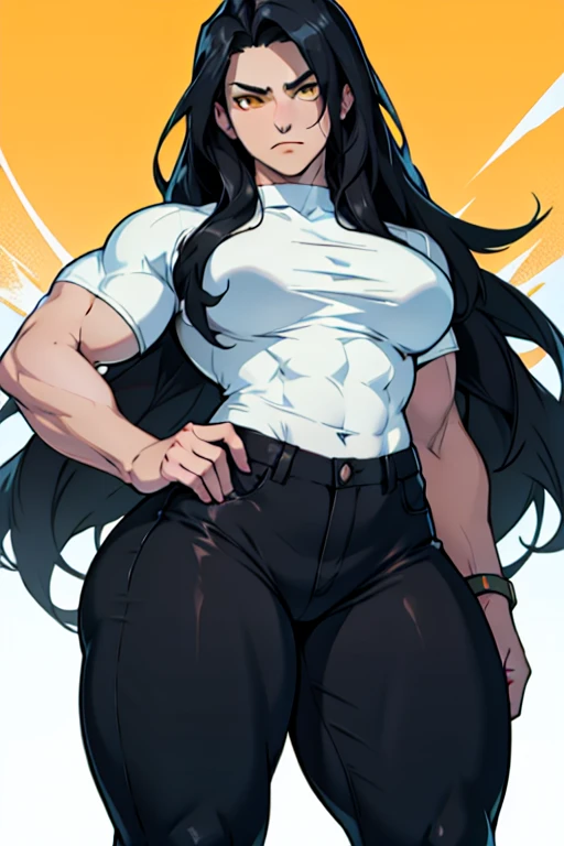 massive breasts huge muscles muscular girl toned body bodybuilder grey background leggings tight shirt black hair yellow eyes pale skin long hair wide hips curvy thick thighs thick thick thick thick tight sad frown expressionless