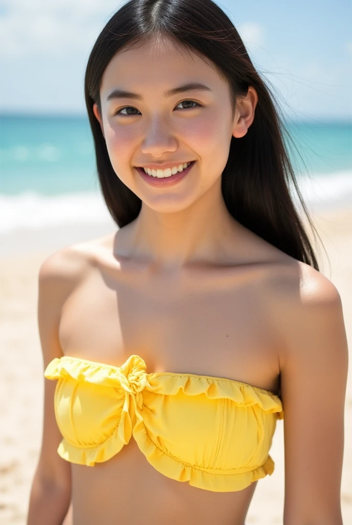 Stylish bikinis、 Black hair、18-year-old gravure idol、Shiny oily skin、Shiny skin、Summer Sea、Beautiful sandy beach、Natural Light、 look、Sexy pose、Smile、A small mole1t、Random Face, model pose,