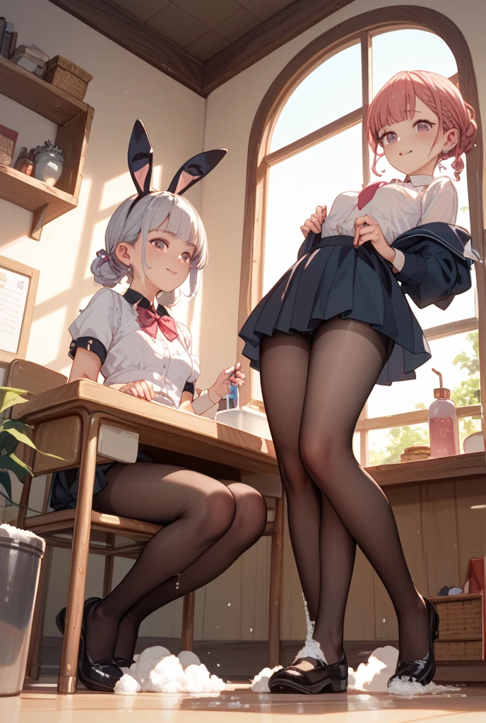 highest quality、masterpiece、1 girl、blush、(smile:1.5)、((fun!!))、cute、(silver hair)、dog ears、high school girl、((classroom:1.5))、()、sit on the ground with your knees up、Kamimei、look at me、(No panties:1.3)、((shaved pussy:1.5)), ((red bow tie, , black jacket, open jacket, white cardigan, white shirt, black skirt, plaid skirt、black socks))、 (No panties:1.3)、((shaved pussy:1.5))、(highly detailed closed labia:1.5)、light blue eyes、long hair、((Urine is coming out forcefully from the urethral opening.:1.5))