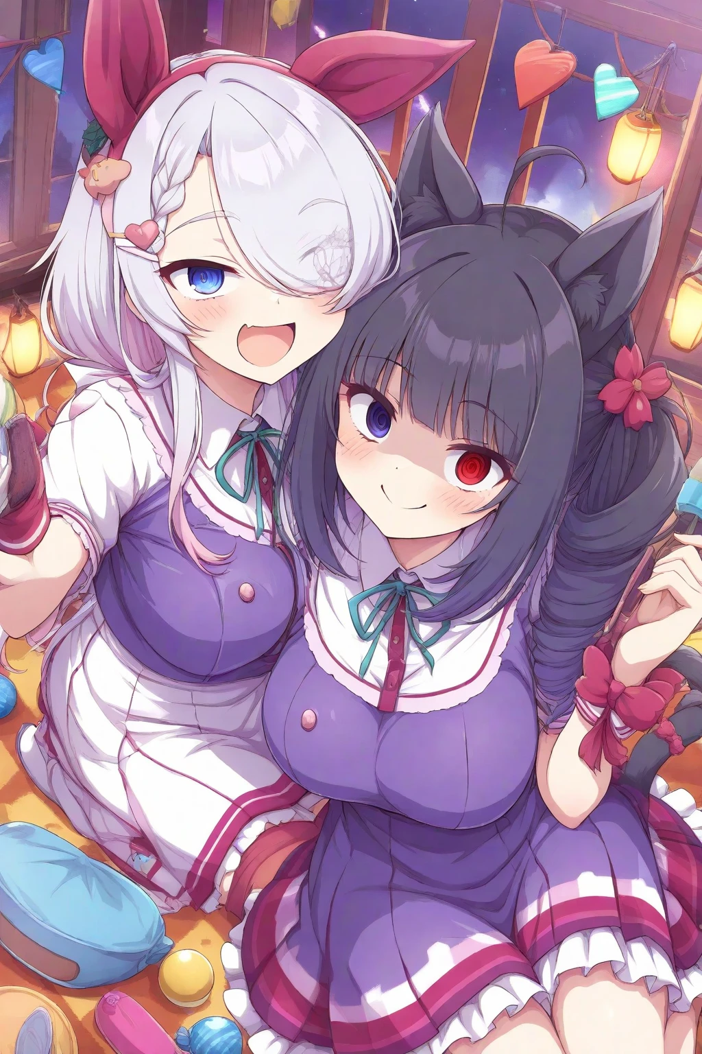 Two big  woman，Beautiful woman，Cat，Magical girl，(Double)，Western Fantasy，Lolita skirt，Transparent tops，Exquisite，Showing off the smooth lower chest，Cleavage，Slim waist，Perfect long legs，(Blush:1.2)，Sitting，Fan meetup，