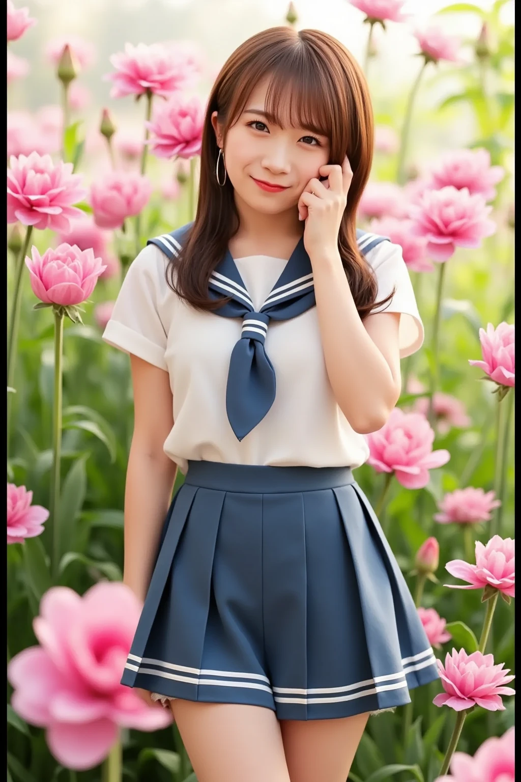 ((((highest quality))))、(((Ultra-precision CG16K wallpaper)))、(((masterpiece)))、(((Super detailed)))、(((super extreme details)))、１people&#39;s women、mature woman、25 year old woman、((Japanese face))、((very beautiful face))、((Mana Ashida:1.5))、((Soft wave semi-long hair:1.3))、(shiny hair)、bangs up to eyebrows、beautiful brown hair、beautiful delicate eyes、brown eyes、raised eyebrows、high nose、small nostrils、small mouth、seductive lips、mouth slightly open、beautiful breasts、C cup size breasts、cleavage、plump body、perfect proportions、perfect anatomy、perfect composition、beautiful detailed shading、beautiful natural lighting、beautiful detail glow、Depth of bounds written、(((High chroma)))、(((real:1.9)))、((vivid:1.4))、((beautiful skin))、((skin texture))、((realな皮膚感))、(((cowboy shot:1.5)))、((Angle seen from the front:1.5))、((smile:1.4))、(Eyes looking at me:1.3)、bright sunshine、(((garden:1.3)))、(standing pose:1.5)、(((Pink cropped sailor uniform:1.5)))、