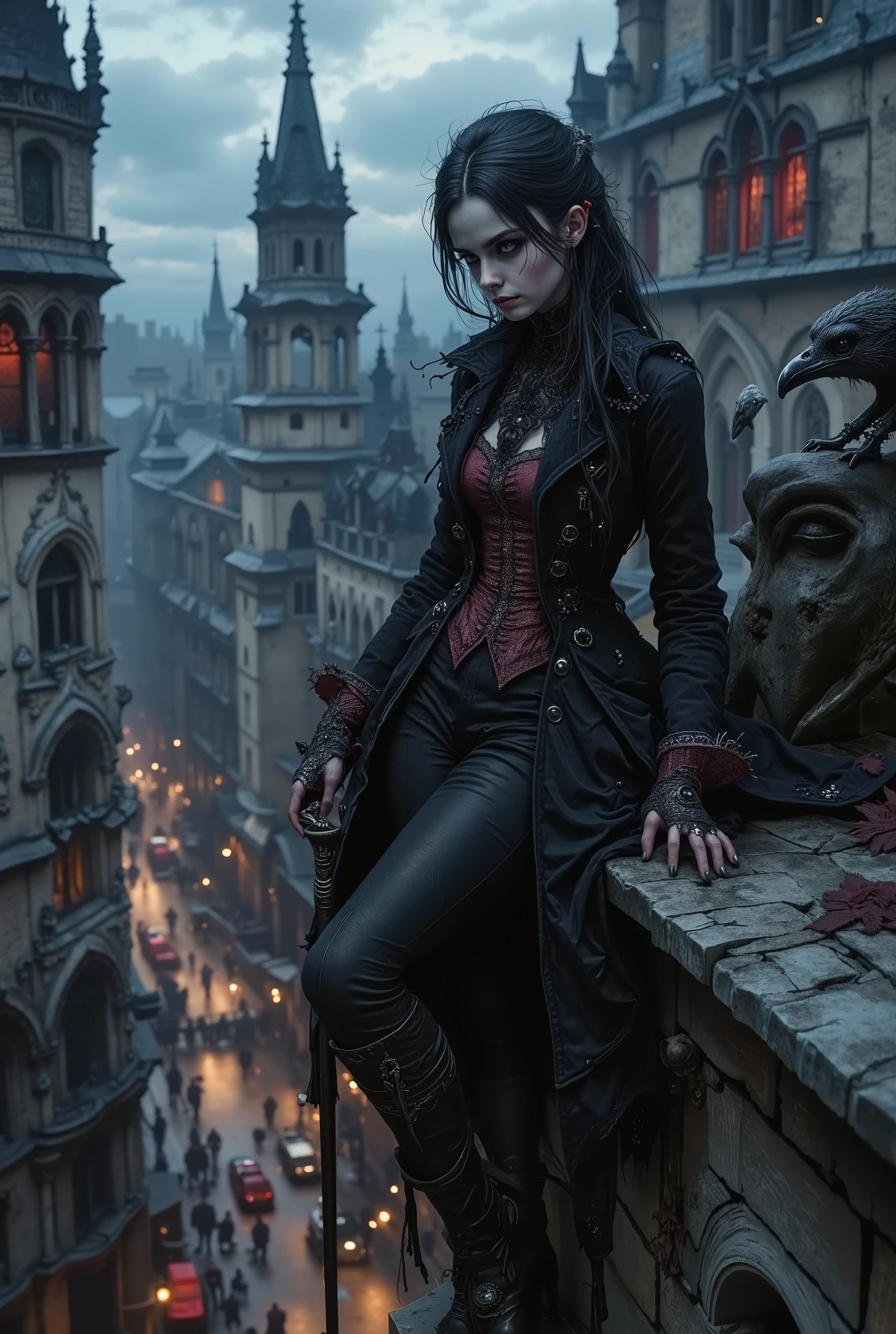 In the center of the composition is a mysterious young girl of about twenty–five, with aristocratically sharp features, pale, almost porcelain skin and thick black hair, slightly disheveled by the night wind. Her eyes are a cold gray-blue shade, like ice illuminated by moonlight, looking into the distance with an expression of deep, almost painful thoughtfulness. There is a barely perceptible smile on her thin lips, a grimace in which you can read fatigue, bitter irony and a shadow of former pain. She is dressed in a luxurious but slightly shabby Neo-Gothic suit: a black velvet frock coat with a high collar, embroidered with silver threads in the form of ornate patterns, reminiscent of ancient runes or an interweaving of barbed wire. Under the coat is a maroon vest made of patterned silk, fastened with small black buttons in the shape of skulls. She wears narrow leather gloves with the cuffs turned down, hiding the scars on her knuckles. Trousers made of thick black cloth are tucked into high cavalry boots with steel heels that clatter loudly on the stonework. She is leaning against a dilapidated gargoyle on the edge of the roof of an ancient cathedral, one leg slightly bent at the knee, the other stretched out, as if she is ready to fall down at any moment. In her right hand she holds a thin cane with a crow's head, its metal beak gleams in the light of the street lamps. On the little finger of his left hand is a massive ring with a dark stone, in the depths of which something alive seems to be moving. The city below is a maze of pointed spires, arches, bridges, and narrow alleys shrouded in a blue haze. The stone facades of the buildings are riddled with cracks, carved ornaments and traces of time. The stained-glass windows of the cathedrals burn from the inside with a dim crimson light, as if inextinguishable lights are burning in them. The streets are filled with traffic: carriages with bug lanterns glide along the cobblestones, silhouettes of passers-by in top