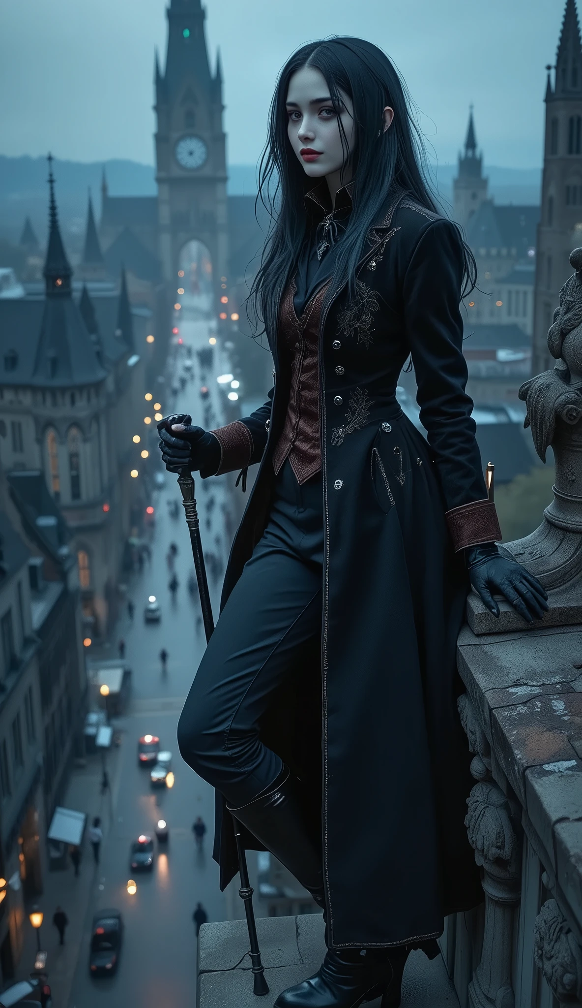 In the center of the composition is a mysterious young girl of about twenty–five, with aristocratically sharp features, pale, almost porcelain skin and thick black hair, slightly disheveled by the night wind. Her eyes are a cold gray-blue shade, like ice illuminated by moonlight, looking into the distance with an expression of deep, almost painful thoughtfulness. There is a barely perceptible smile on her thin lips, a grimace in which you can read fatigue, bitter irony and a shadow of former pain. She is dressed in a luxurious but slightly shabby Neo-Gothic suit: a black velvet frock coat with a high collar, embroidered with silver threads in the form of ornate patterns, reminiscent of ancient runes or an interweaving of barbed wire. Under the coat is a maroon vest made of patterned silk, fastened with small black buttons in the shape of skulls. She wears narrow leather gloves with the cuffs turned down, hiding the scars on her knuckles. Trousers made of thick black cloth are tucked into high cavalry boots with steel heels that clatter loudly on the stonework. She is leaning against a dilapidated gargoyle on the edge of the roof of an ancient cathedral, one leg slightly bent at the knee, the other stretched out, as if she is ready to fall down at any moment. In her right hand she holds a thin cane with a crow's head, its metal beak gleams in the light of the street lamps. On the little finger of his left hand is a massive ring with a dark stone, in the depths of which something alive seems to be moving. The city below is a maze of pointed spires, arches, bridges, and narrow alleys shrouded in a blue haze. The stone facades of the buildings are riddled with cracks, carved ornaments and traces of time. The stained-glass windows of the cathedrals burn from the inside with a dim crimson light, as if inextinguishable lights are burning in them. The streets are filled with traffic: carriages with bug lanterns glide along the cobblestones, silhouettes of passers-by in top