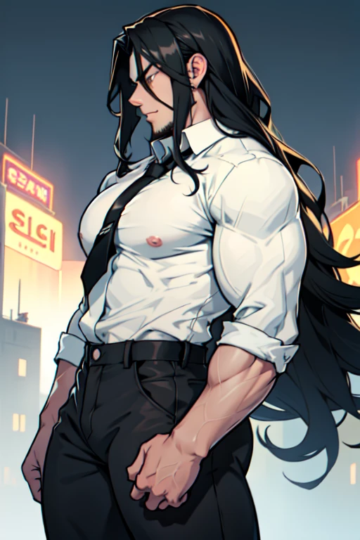 1 girl, black hair, extremely long hair, large breasts, ((muscular)), thick thighs, tight shirt, tight pants, solo, yellow eyes, navel, abs, angry, pale skin