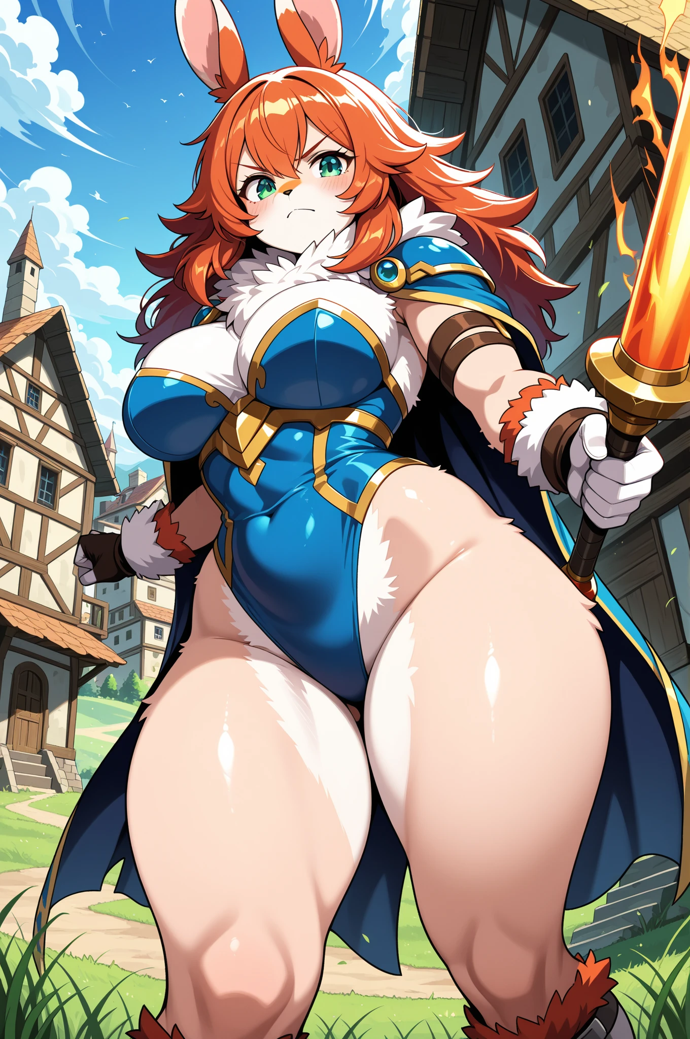 Mesa, Best Quality, high resolution, Alone, 1 girl, whole body, The description of Girls, detail hands, detail fingers, face detail, Beautiful face, leg detail, too detailed art, fine details, huge breasts, huge ass, vapor, sweat, bob cut, wavy fur, Red hair, Alone, mqmf, SMILE, armor, City, orgasm
