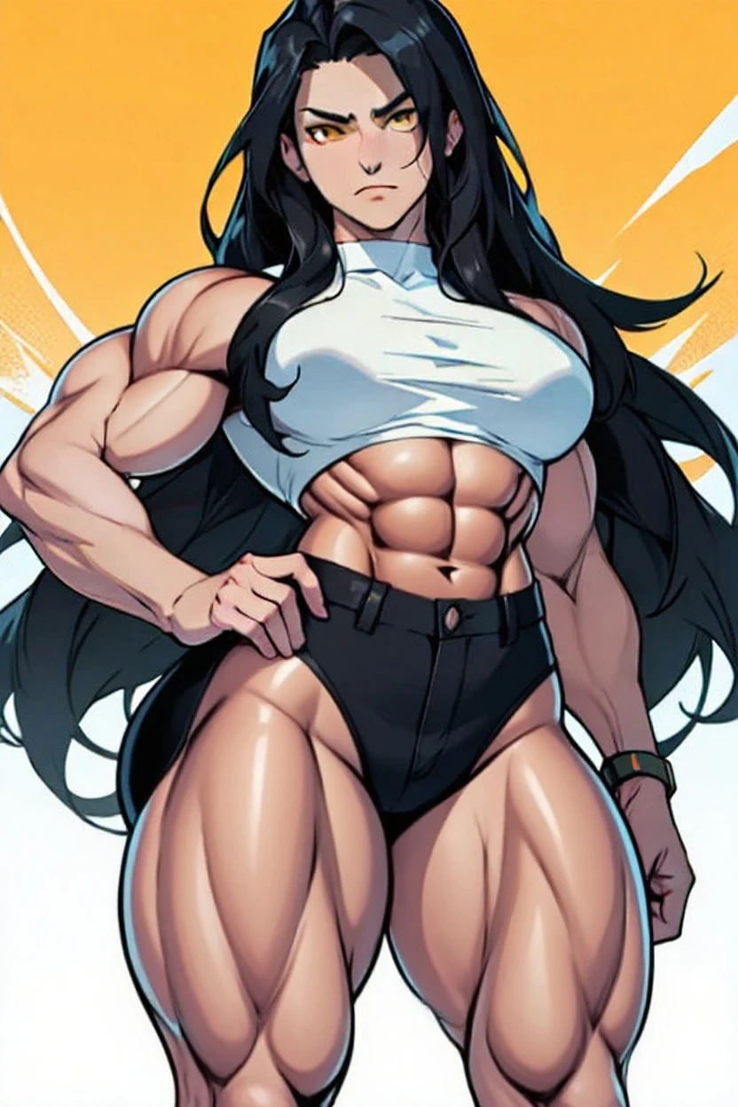 (((((((muscular))))))) (((thick thighs))) (((huge breasts))) (((wide hips))) (((curvy))) (((1 girl))) black hair yellow eyes very long hair pale skin angry simple background (bra panties)