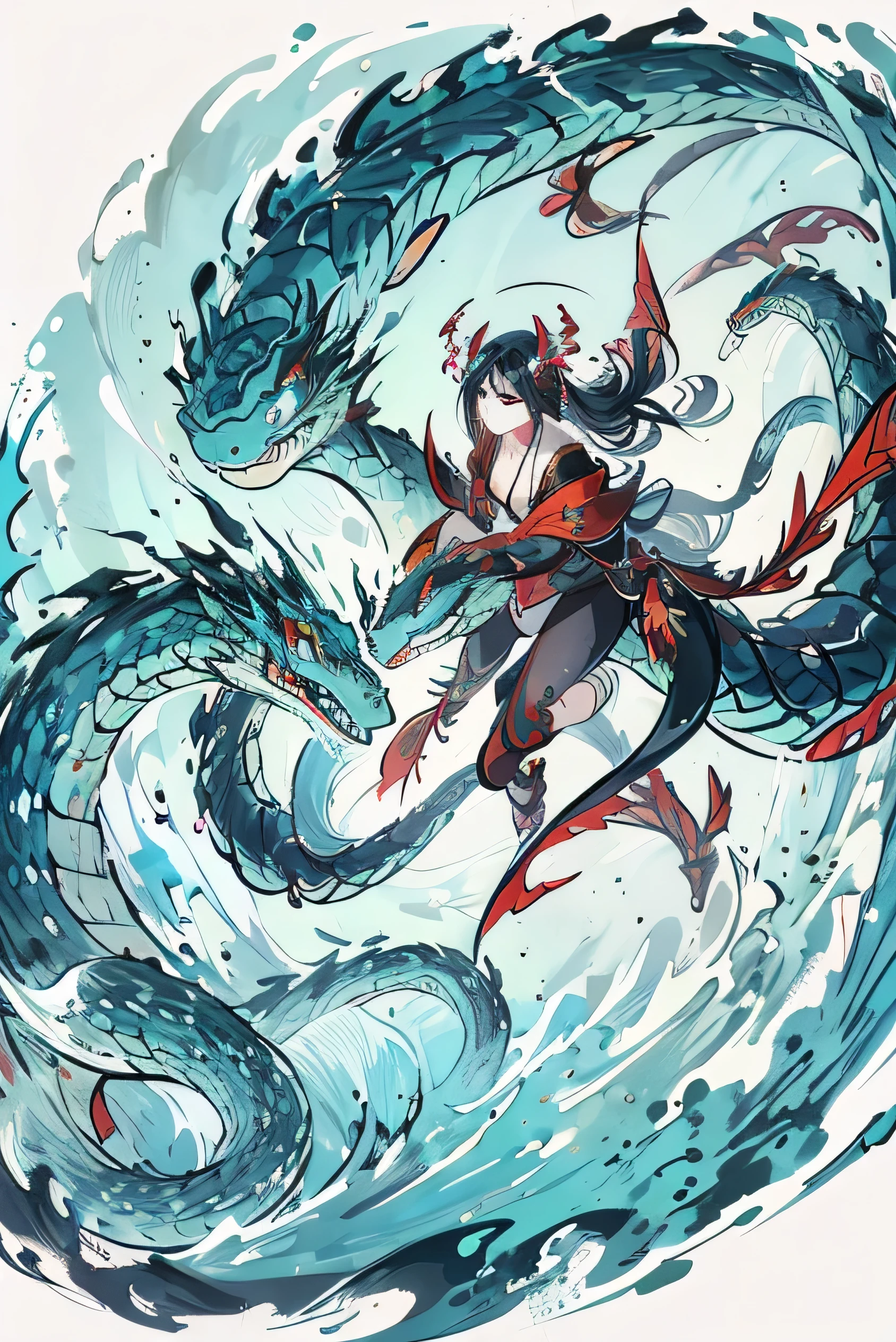 A hybrid teenage chinese dragon boy, medium and slim body, turquoise scales, thin arms, short messy dark turquoise hair, a horn on the forehead, small pointed ears with traditional red earrings, pale rainbow colored eyes, playful and serious gaze, sharp claws, wearing traditional japanese style white and turquoise clothes with red patterns, long chinese dragon tail with turquoise patterns, Full body, firm and dominant pose, with a boat in his right hand, Flat bottom, no background dragon.