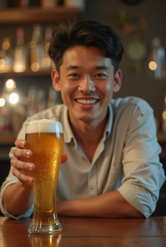 An Asian man in his 30s is drinking ice and beer in a beer glass. Ice is seen in the beer glass, and the man is smiling.