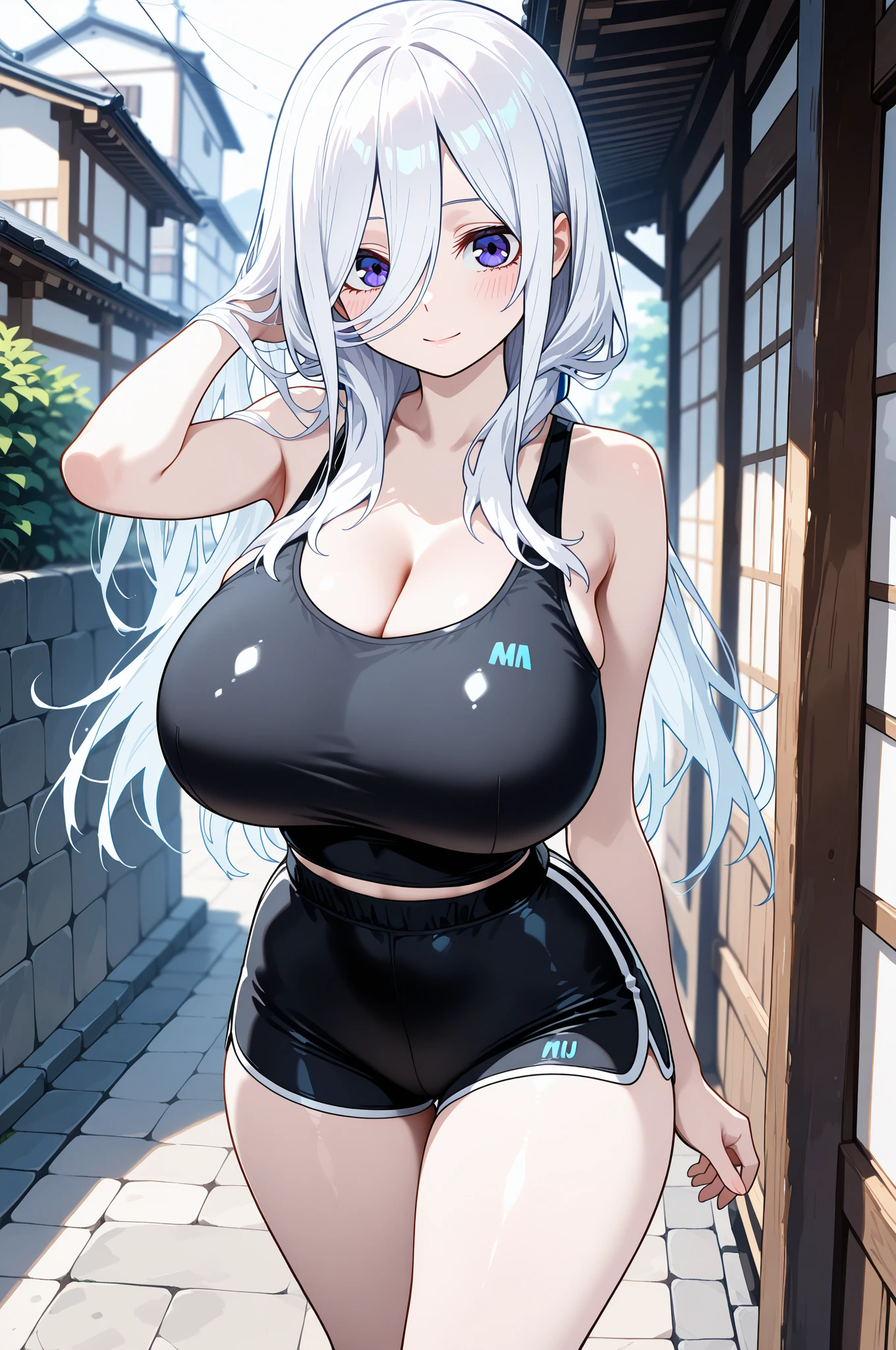 (((masterpiece))), ShizukaMikazuki, One Girl, alone, Make eye contact,Long Hair, Gray Hair, Long sleeve, Huge breasts,Cleavage, Large Breasts, Mature Body,clavicle, Jacket, Open clothes, open Jacket, blue hoodie, Play sports often, blue eyes,Earrings ,Choker with charm,Sweat,High Ponytail,A troubled and embarrassed face, smile,Thick lips,Increase breast size, Make the face a little smaller,Abdominal muscles,Black sports bra,Black hot pants,dusk park, crossed arms