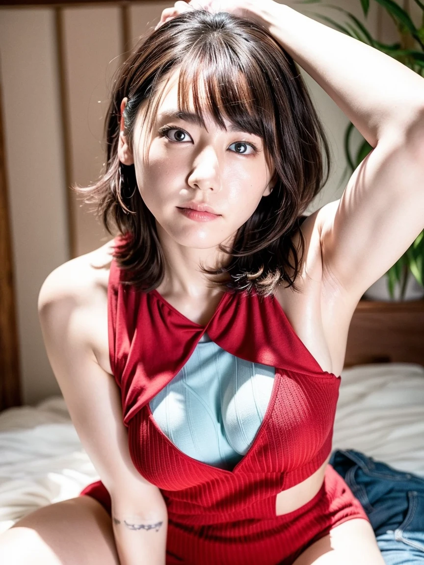 Sexy Woman, turn bright red, Red Makeup, hands fixed to the side, Lying in bed, Put your head on the pillow, Look up, fixed, Playfulness has turned sexy, Mouth open, Eyes looking at lips, very sexy and hot, shape, Loose fitting T-shirt, abdomen, Abdominal muscles