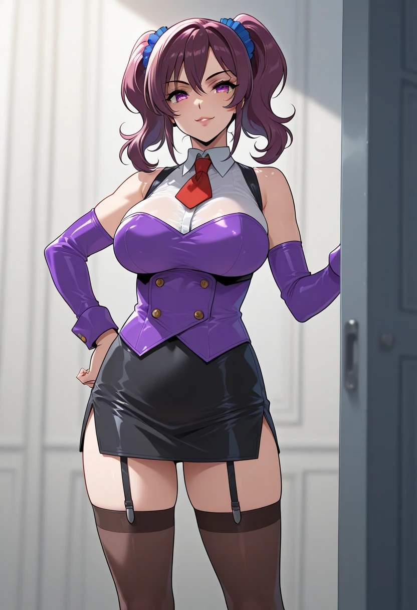 Beautiful young teenager, 1girl, purple hair, blue eyes, extremely short hair, freckles on face, happy, smiling, blushing, thin frame eyeglasses, thick lips, full lips, huge breasts, extreme cleavage, deep cleavage, very thin body, strapless corset, sleeveless, bare arms, midriff, choker, tiny pleated miniskirt, thigh high legwear, perfect ???????, fancy apartment background, detailed background, ultra-detailed, 4k, 8k, best quality, masterpiece