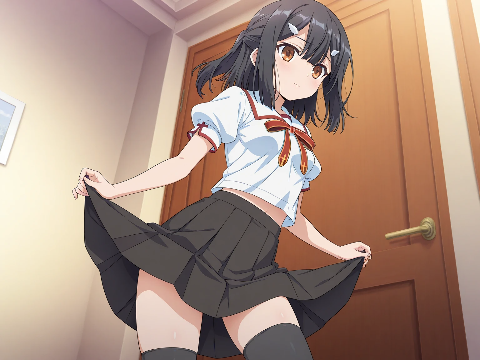 masterpiece, highest quality, High resolution, Venus 1, 1 girl, masterpiece, highest quality, High resolution,  Megumin, short hair, dress, red dress, cowboy shot, Bedroom, On the bed, bed, bed, bedroom, spread your legs, panty shot, wedgie in underwear, (from below:1.5), Panty shot, realistic skin, shiny skin, shiny skin, sweaty feet, Skirt up, white panties, highly detailed face, perfect sentence, Detailed CG, (perfect hands, perfect anatomy), (embarrassed look:1.5),