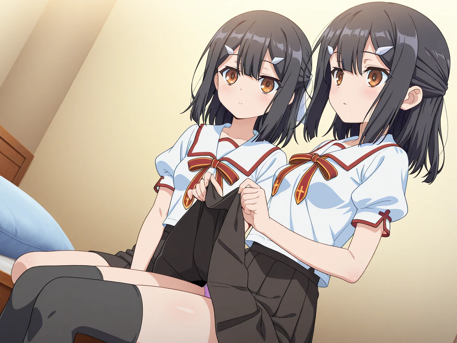 (2 girls) ,(old high quality) ,(Yukinoshita Yukino ,blue eyes), (Yuigahama Yui , brown eyes,big breasts),bed , embarrassed face,(low position),(Seen from below),school uniform,(check skirt),,(hold check skirt with hand),thighs,knee,(white panties),(pink panties),