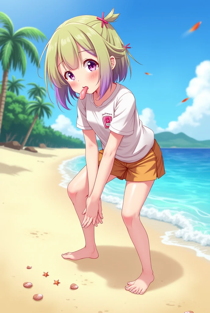 Suwako Moriya girl blonde short hair Swimwear Handjob in the air Kneeling