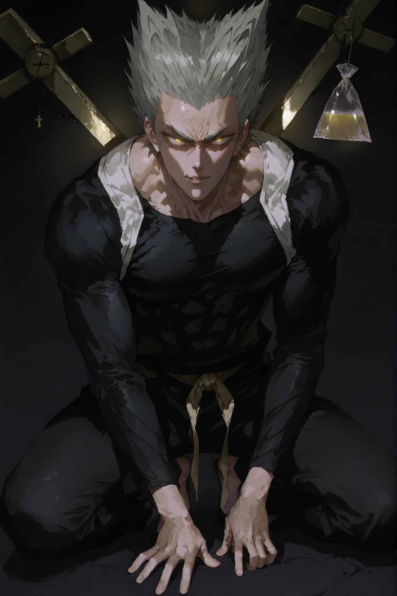 One Punch Man:Garou, anime, 4K, illustration, full body, straight, horny expression, man, 18 years old, mature, realistic, elaborate, precise description, dramatic lighting, dark background, intense colors, old-fashioned, oil paint,gray hair, bagged eyebrows, yellow eyes, Lie down cross-legged pose