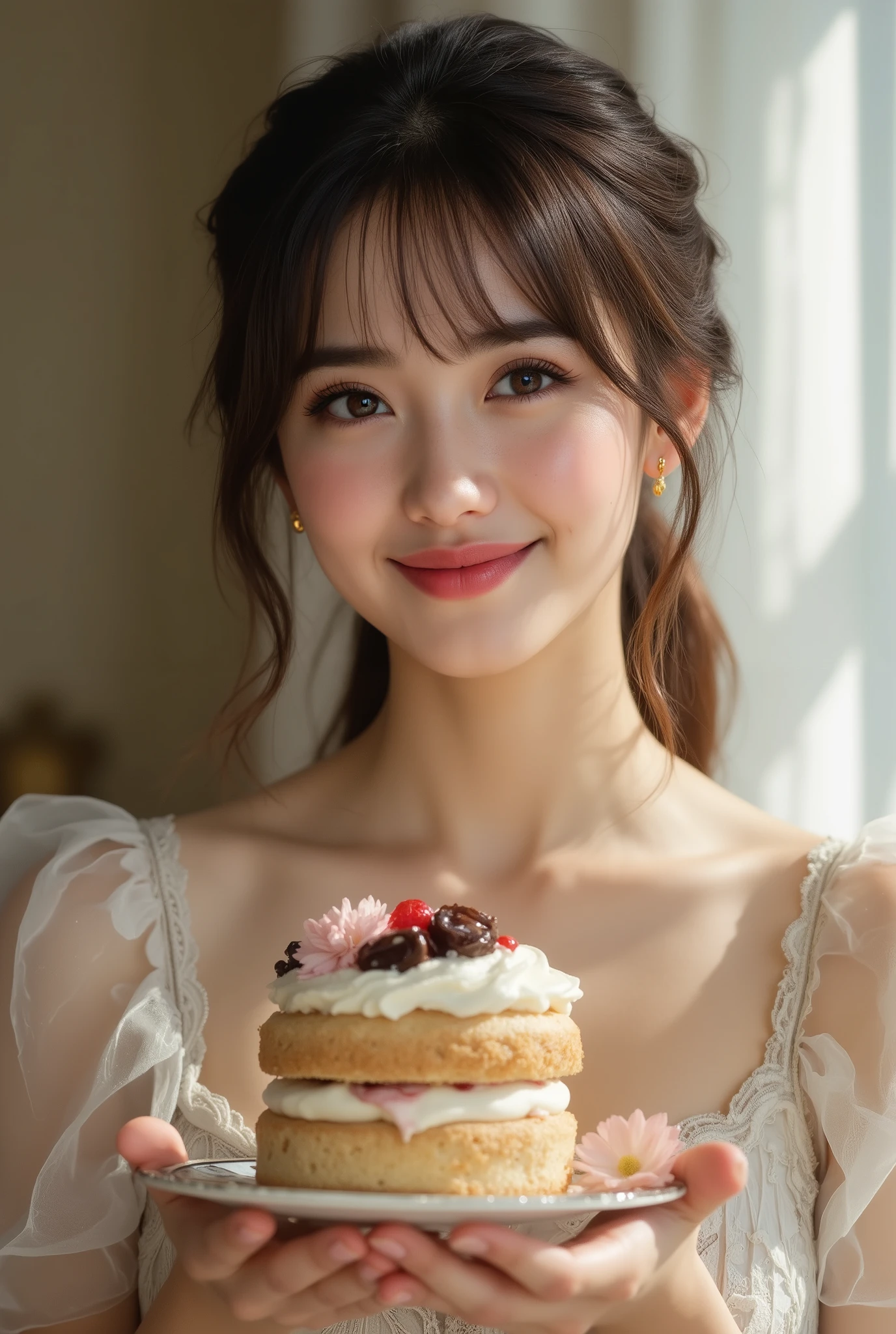 beautiful girl,holding a delicious cake in hand,smiling,graceful expression,wearing a fashionable dress,High Key Lighting,Dreamy atmosphere,precise description,8K rendering,realistic skin,Painting-like texture,Natural Light,understated colors,deep depth of field,Classic portrait style