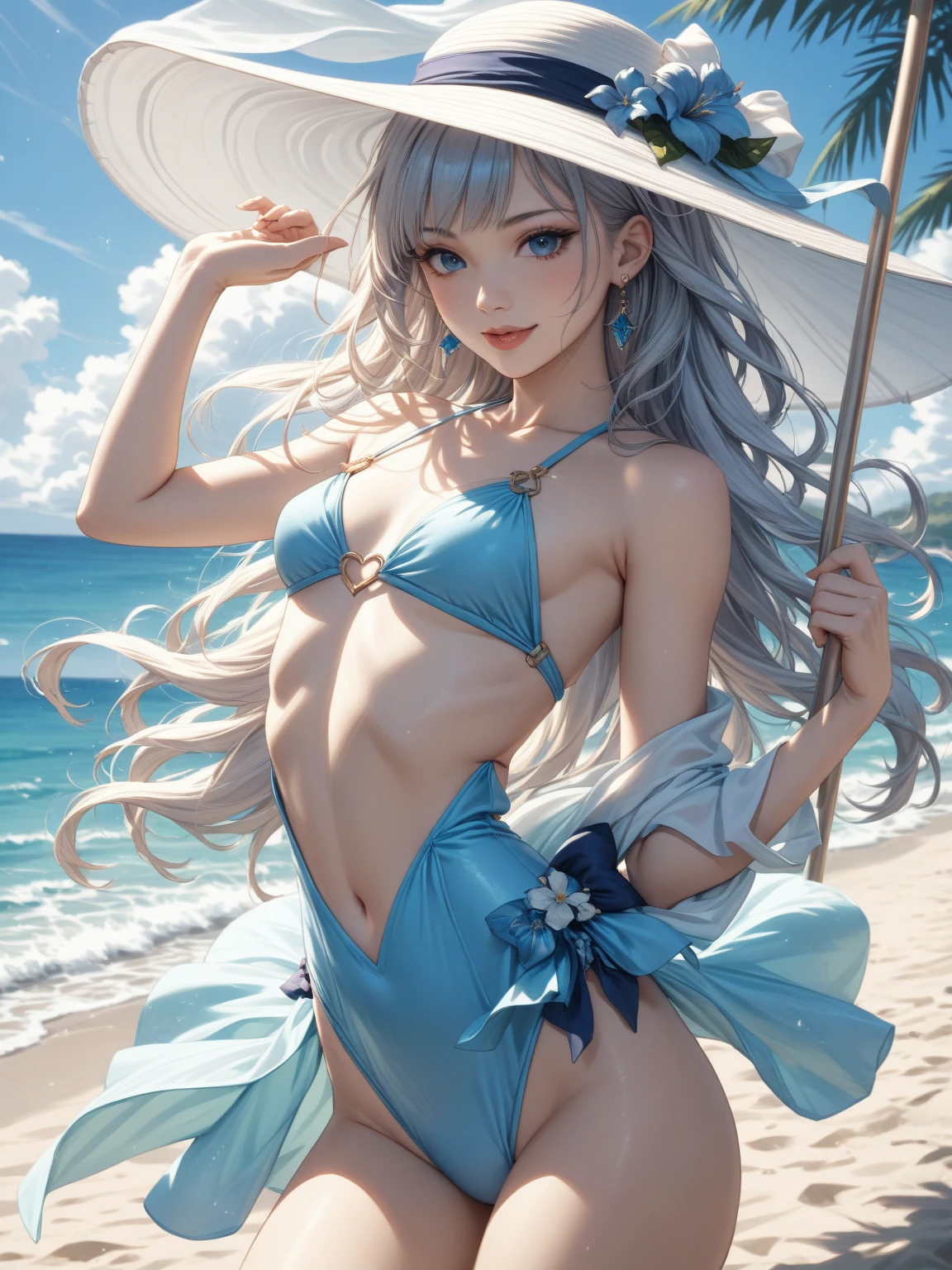 score_9, score_8_up, score_7_up, source_anime,masterpiece, best quality, high resolution, extremely detailed CG, absurdres, highres, 1girl, a dark skin girl in a swimsuit, posing at the beach, (((light blue hair))), golden_decorations, feathers on swimsuit, asymmetric swimsuit, ((glitter swimsuit, shiny swimsuit)), Ombre swimsuit, gorgeous, single thighhigh, beach and blue sky in background, ((((transparent_dress)))), neondskdrmsxl