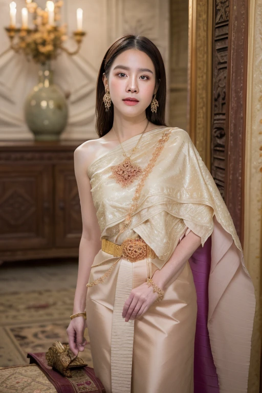 (raw photos:1.2), (realistic:1.4), (Masterpiece:1.3), (best quality:1.4), Ultra high resolution, (Detailed eyes), (Detailed facial features), (Detailed clothing features), HDR, 8K resolution, Focus only, Dressing according to Thai tradition, traditional shawl , 1 woman , shy smile, Huge breasts, A gigantic rift, Big breasts push up clothes, big breast, fully grown breasts, Enhance your breasts to make them enormous., small waist, Long legs, Facing the audience, Full body, depth of field, Cinema-grade lighting, large breasts, Large breasts that cannot be covered completely