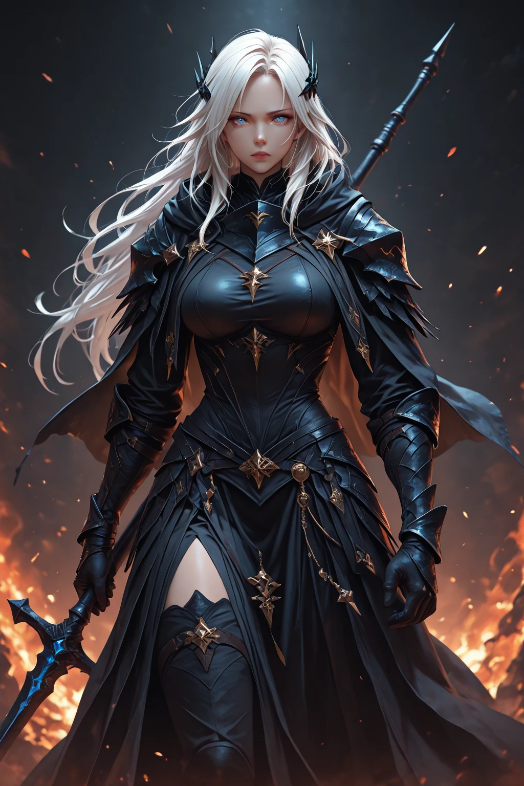 ((masterpiece, best quality, high detailed, 16k))) (1girl) A mesmerizing  slender vampire with short, white hair, her eyes burning with a fierce, predatory gleam. She wears a remarkable cape that flows like liquid night, adding an air of mystery and elegance to her presence. Her demonic armor is a dark, intricate masterpiece, adorned with sinister patterns and spikes that enhance her formidable and fearsome appearance. The armor, a blend of deep blacks and blood reds, clings to her form, providing both protection and an intimidating aesthetic. In one hand, she holds a glowing, pulsating sphere of red energy, crackling with raw power and malevolence. Her stance is confident and menacing, exuding a powerful, dark aura that hints at her vampiric nature and demonic prowess.(extremely detailed:1.2) ((full body view:1.4))

