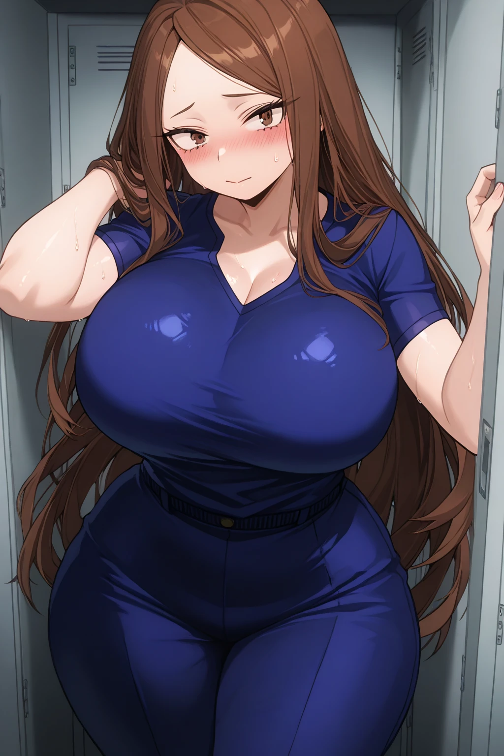 Better image quality, of the highest quality, perfect anatomy, High resolution, Super detailed, 8K Wallpaper, textured, detailed, individuality, nffsw, Very detailed CG, Hisato Higashi, 1 girl, alone, Full body esbian, standing, Open your legs, Highlight the crotch, Horse tail, Brown_hair, Front hair, Brown_look like, 20 years old,, see the viewer, Laughter, Lewd face, (beautiful fece,big_chest:1.4), (beautiful_face:1.5),(narrow_waist), Transaction services, Transaction services, Transaction services,purple suit, embarrassing, Wide hips, thick thighs, Huge natural chest, Huge ass, Erotic, Cute smile, bubble butt, Protruding chest, tight purple latex, perky nipples, Saggy chest, to take a pose, Purple latex suit, Look like erect nipples,big nipples