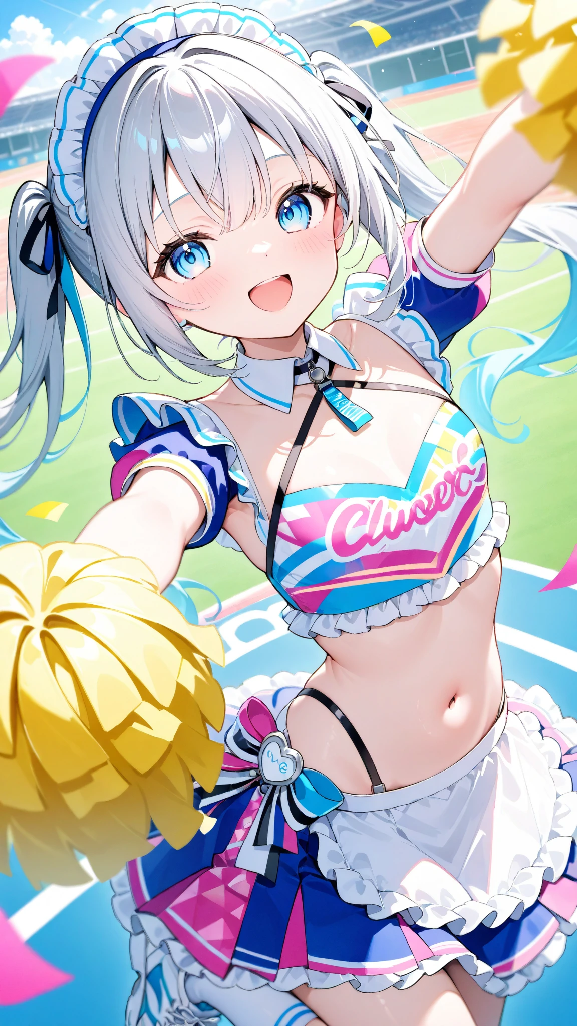 cubedcoconut, incredibly absurdres, best quality, hibiki \(blue archive\), 1girl, aerial fireworks, animal ears, bangs, black hair, blue eyes, breasts, cheerleader, collar, confetti, crop top, crying, crying with eyes open, detached collar, dog ears, dog girl, dog tail, fireworks, floating hair, gloves, goggles, goggles on head, halo, holding, holding pom poms, long hair, looking at viewer, medium breasts, miniskirt, navel, official alternate costume, open mouth, outdoors, pleated skirt, pom pom \(cheerleading\), shoes, sidelocks, skirt, sneakers, solo, stomach, sweat, tail, tears, wet, white collar, white footwear, white gloves, white skirt, yellow halo