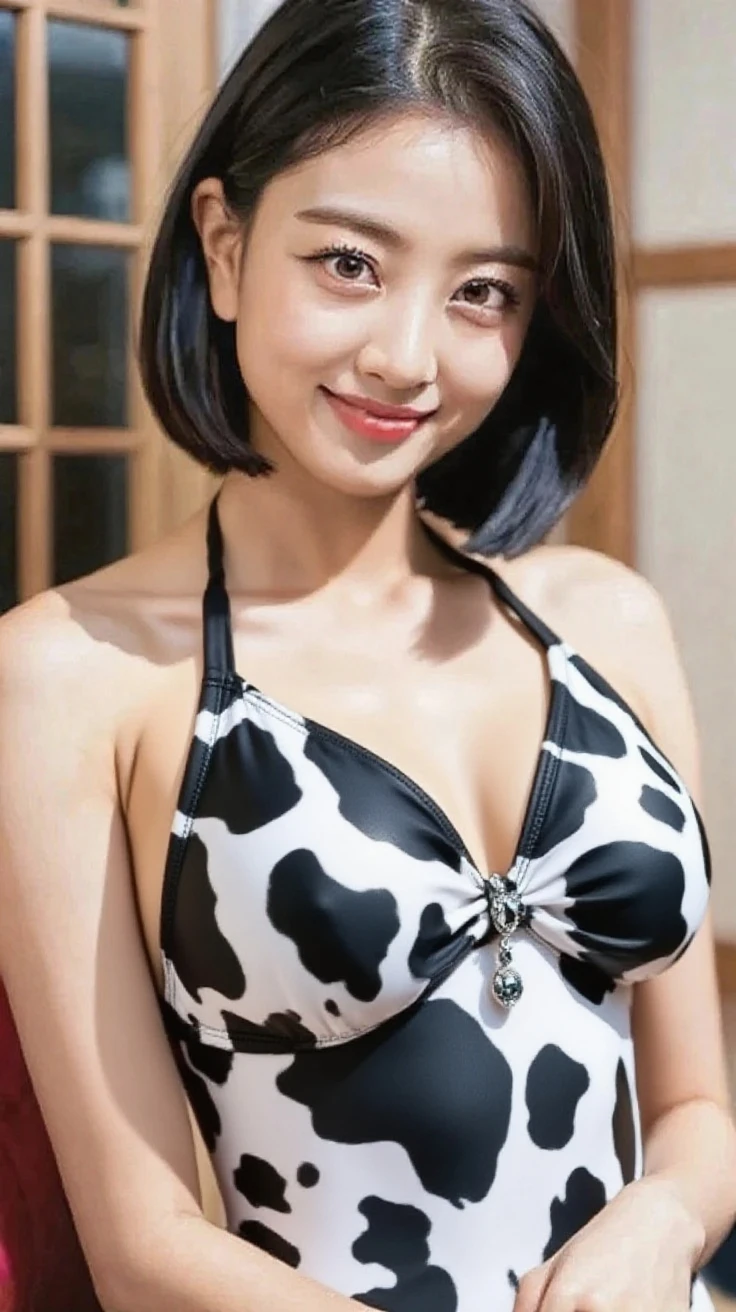 (highest quality, masterpiece:), ultra-high resolution, two women in swimsuits standing side by side, night, in the pub, Japanese model, young and beautiful gravure idol, full body, confident Stance:1.3, tight, wearing a cow print micro bikini,high leg, huge breasts, bangs, wavy long hair, short bob cut hair, earrings, beauty, victory smile, mature woman, please face forward and look at the camera