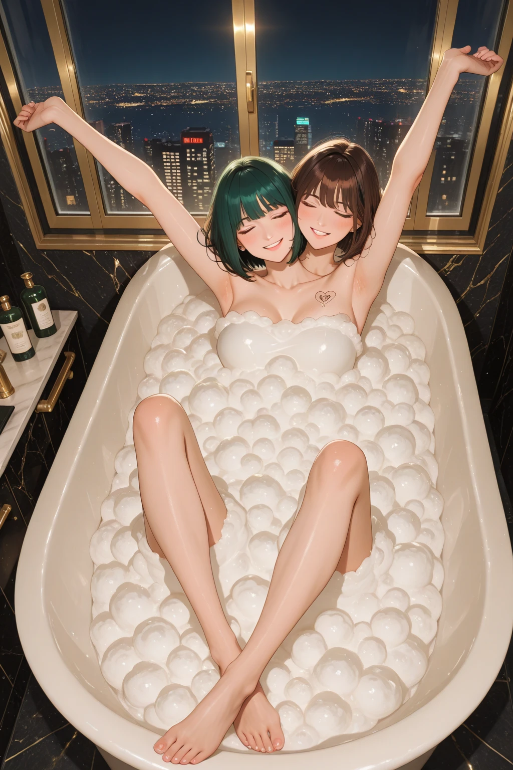 ((1 girls), solo, clevage, Big round breasts, trendy, stylish, clevage, thighs, hips, realistic, pink hair, blonde hair, light green eyes, lip gloss, detailed face, amazing big eyes, eye details, big lips, eyebrow details, blush, smirk, naughty, mischevious face, HD, good quality, relaxing in the bath, bubble bath, fancy bath 