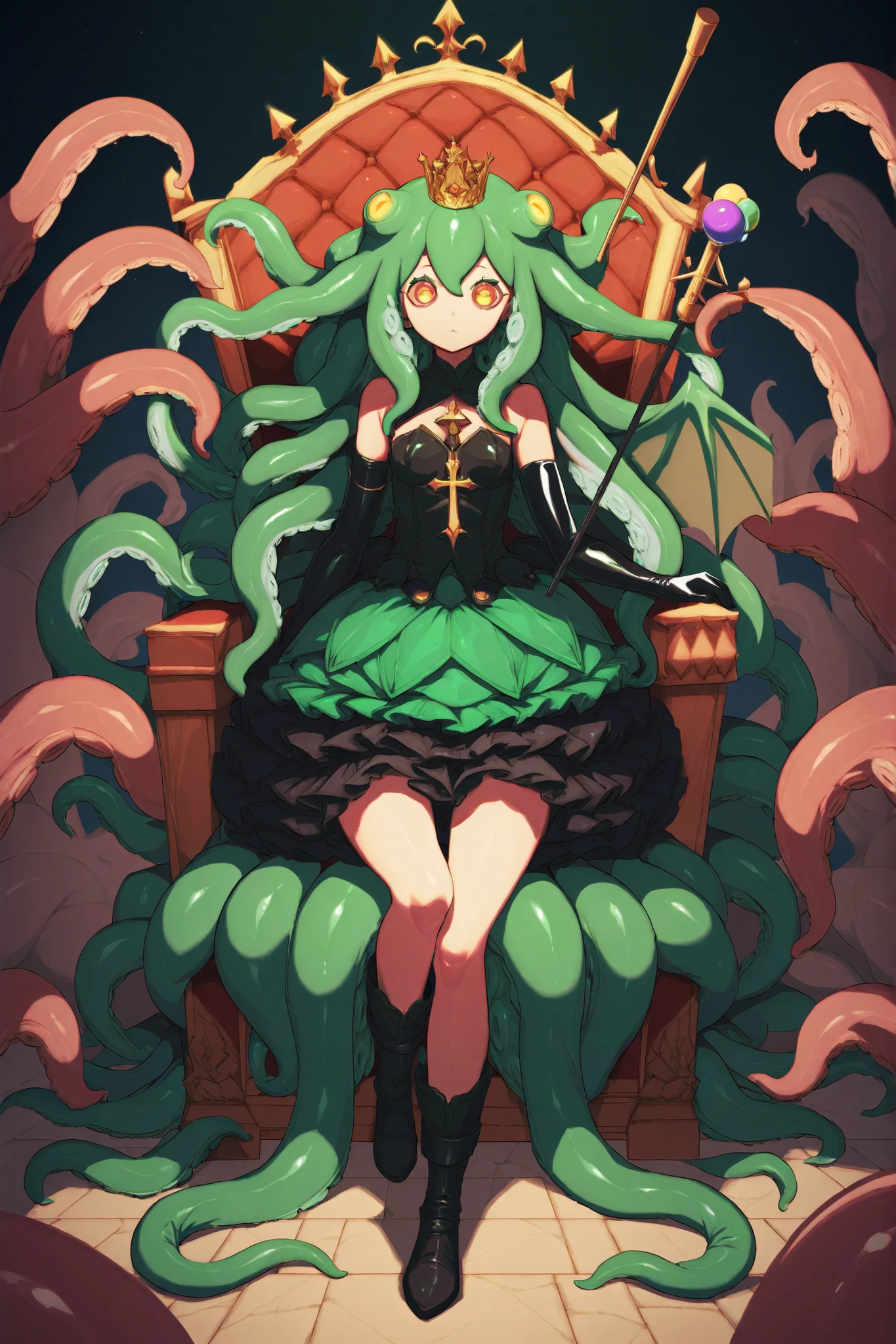 Cthulhu Princess Girl. Green hair. Long hair. Tentacle hair. Drooping bangs. Small crown. Big eyes on head. Yellow pupils. Octopus eyes. Black and green costume. Princess dress. Mini skirt. Ruffles. Long boots. Latex gloves. Jeweled walking stick. Green dragon wings. Sitting. Cross-legged. Throne.
