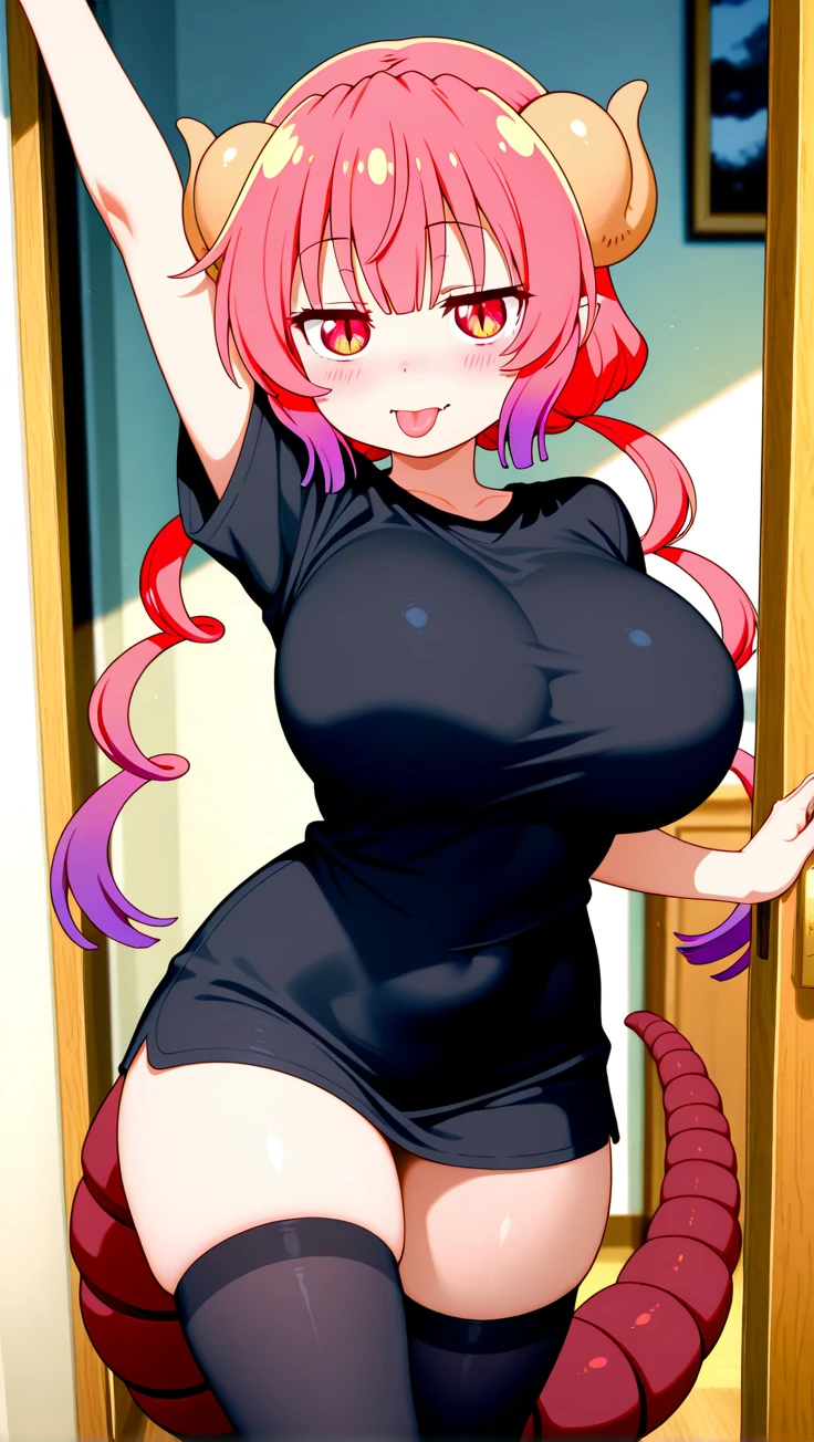 1girl, solo, red hair, long hair, cleavage, lamia, looking at viewer, blush, happy, full body, pov, pov doorway,